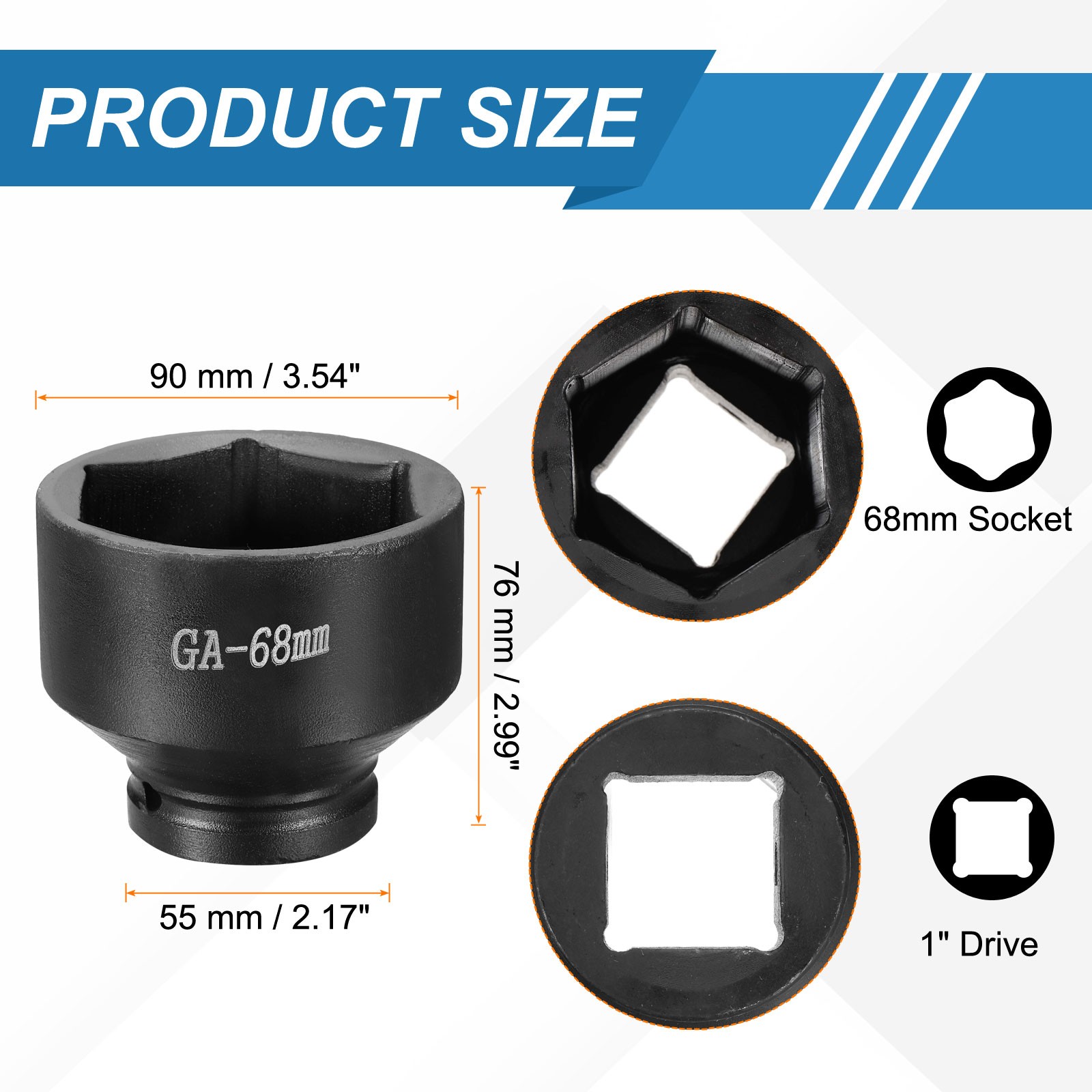 1 Inch Drive 68mm 6 Point Impact Socket Chromium Vanadium Steel