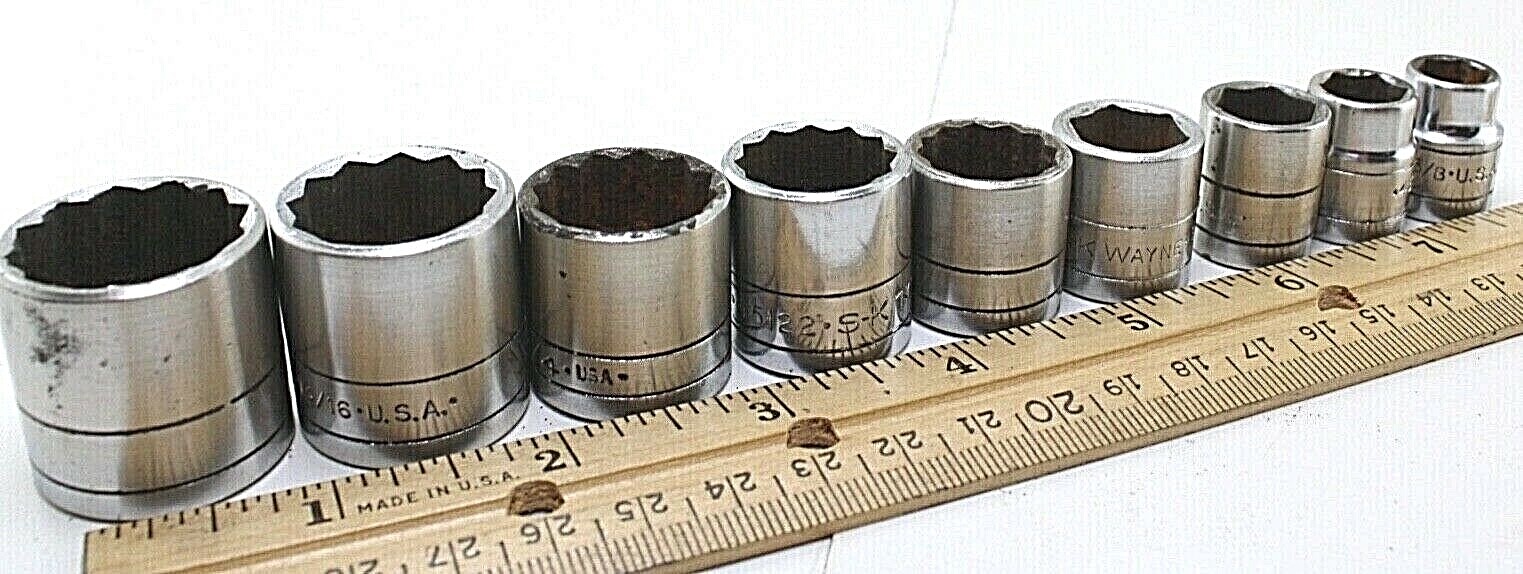 S-K Tools 45128-45112 7/8″-3/8″ 3/8″ Drive 9 Piece 12/6 Point Sockets Set USA