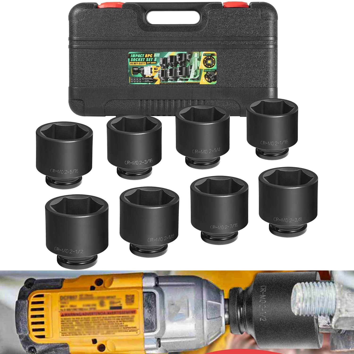 8pc 3/4″ Drive Jumbo Large Impact Socket Set 6 Point SAE 2-1/16″ to 2-1/2″