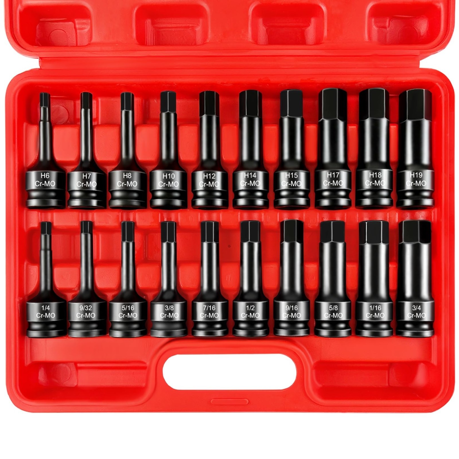 20-Piece 1/2″ Drive Impact Hex Bit Socket Set, Cr-Mo Steel, SAE & Metric Sizes