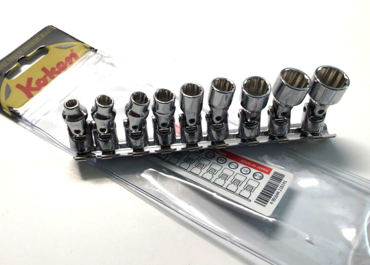 KOKEN #2445A/9 – 1/4″ SQ.DR. UNIVERSAL SOCKET SET 3-1/6-9/16 12 POINT 150MM 9PC