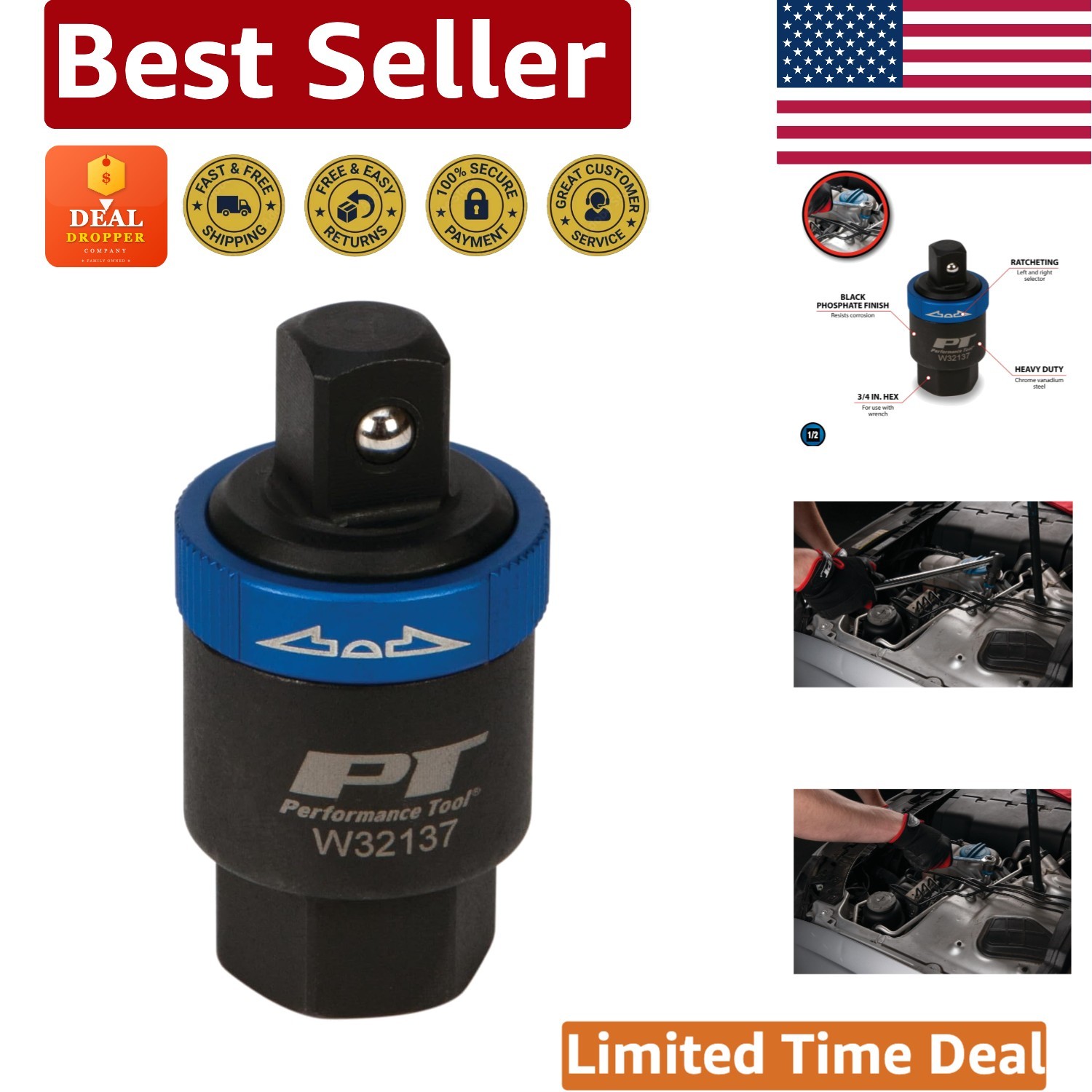 Black Phosphate Finished 1/2-Inch Drive Ratcheting Adapter for Precision Work