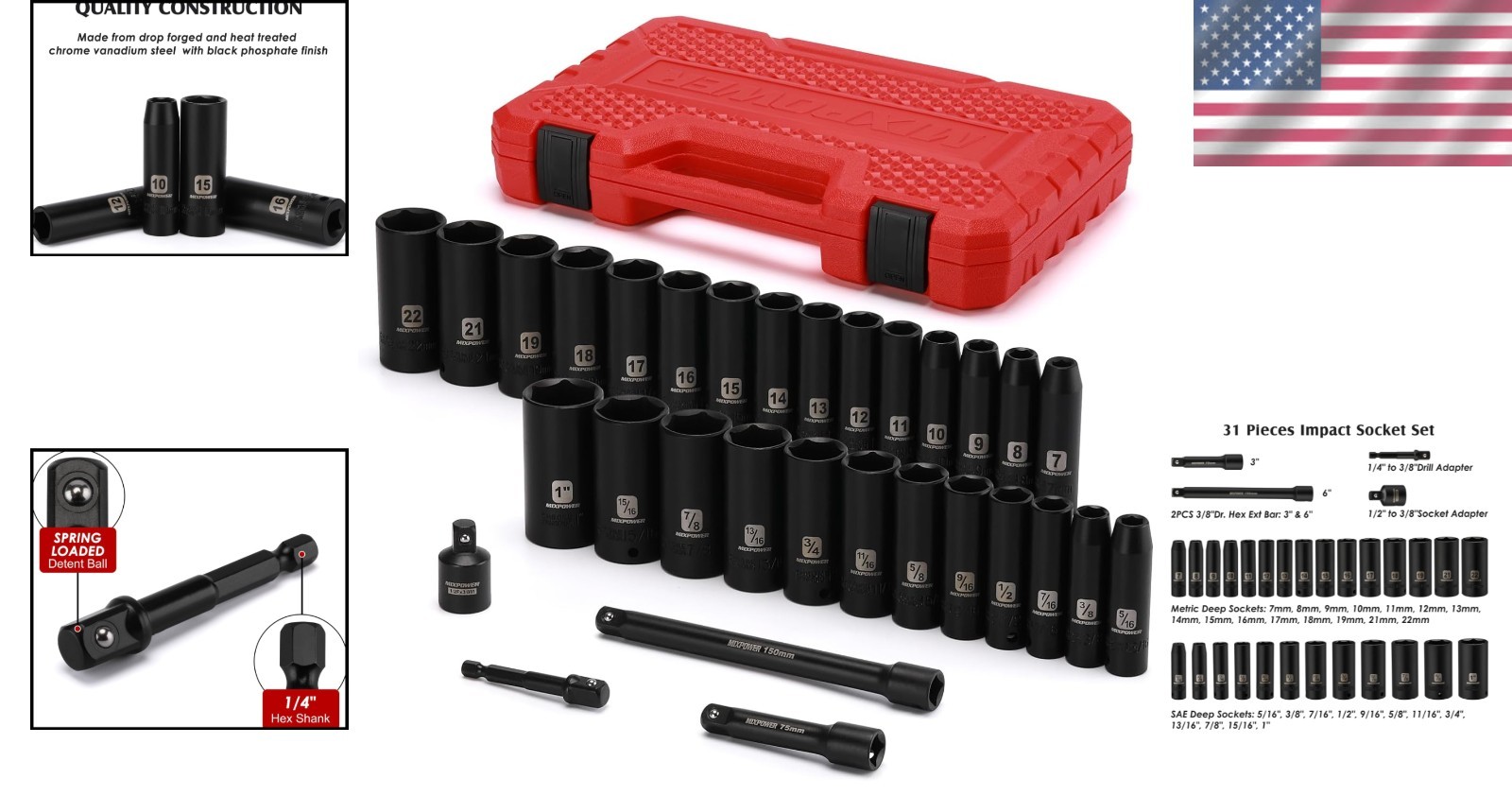 Metric & SAE Socket Set, CR-V Steel, 3/8″ Drive^