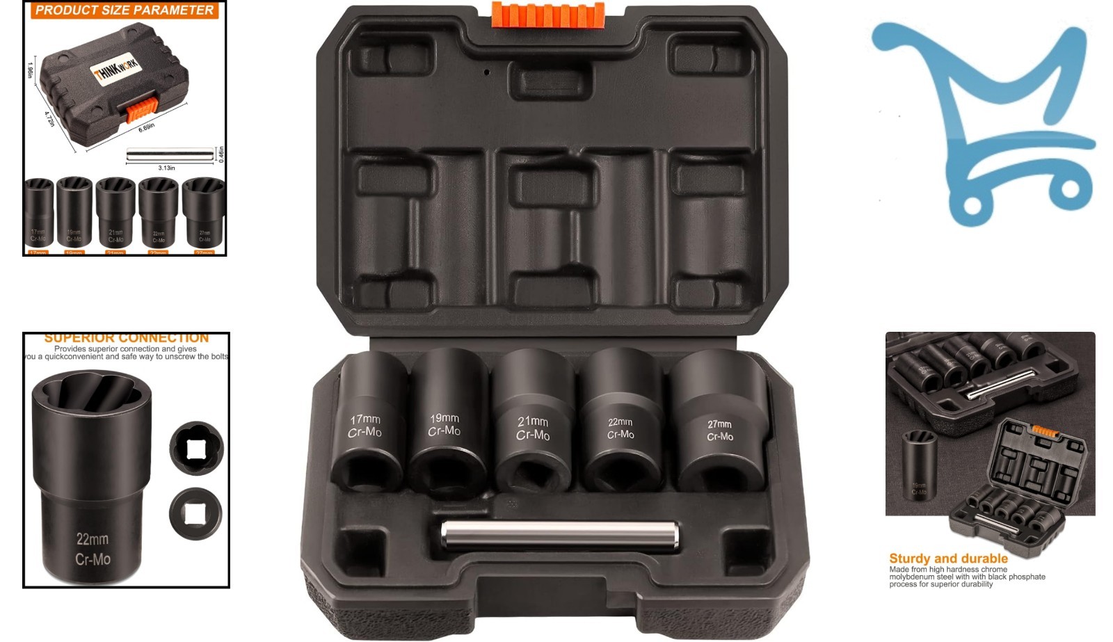 Lug Nut Removal Tool Set Alloy Steel 6-Piece Kit for Stripped Rusted Bolts