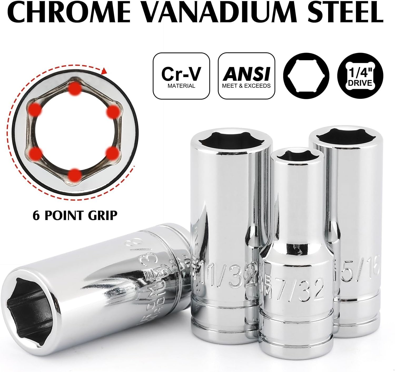 10PCS 1/4″ Drive SAE Socket Set 6 Point Semi-Deep 3/16″-9/16″ CR-V Steel w/ Rail