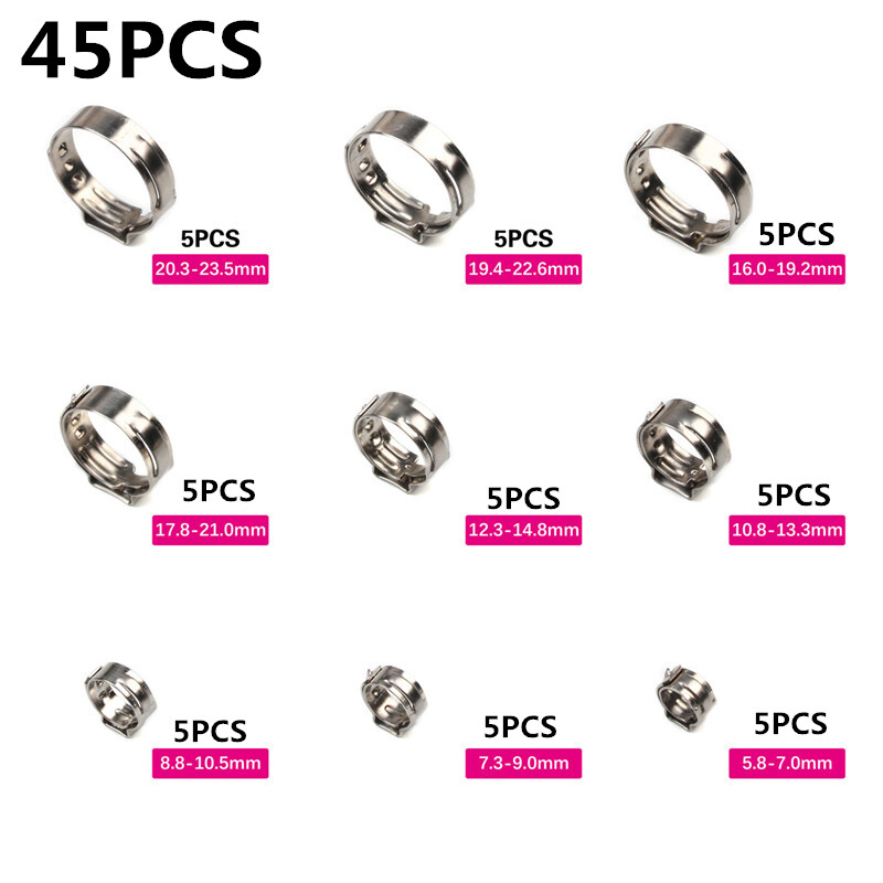 80X Assorted Hose Clamp Stainless Steel Ear Cinch Rings Crimp Pinch Set Pliers