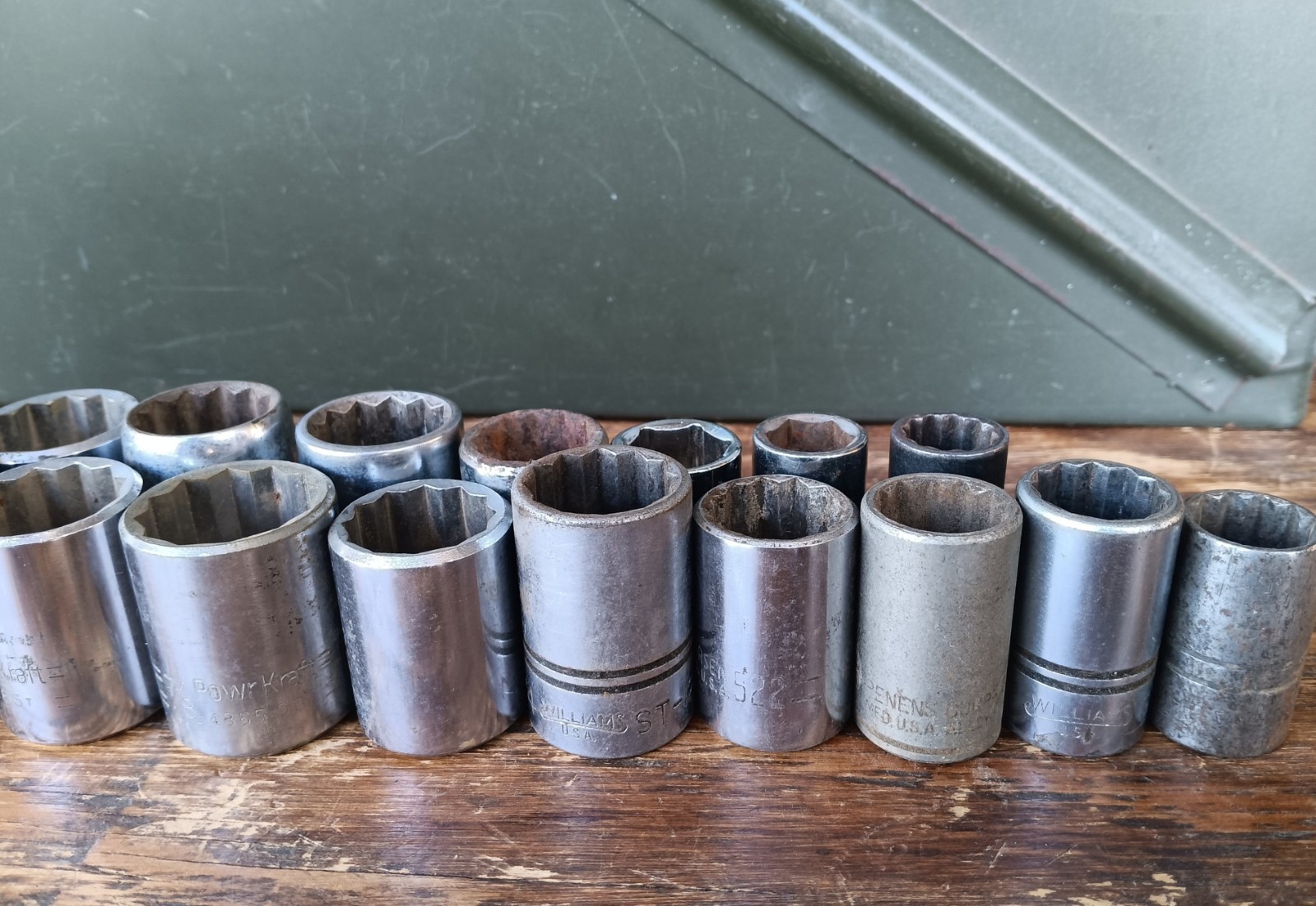 S-K, Williams, Powr-Kraft Socket Set 1/2″ Drive SAE ~Mixed USA ~Vintage 23pc Lot