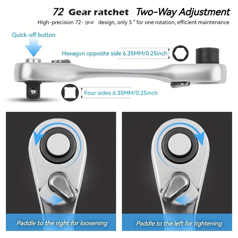 72-Tooth Dual Head Mini Ratchet – 2-in-1 Quick Release Right Angle Wrench 1/4″ D