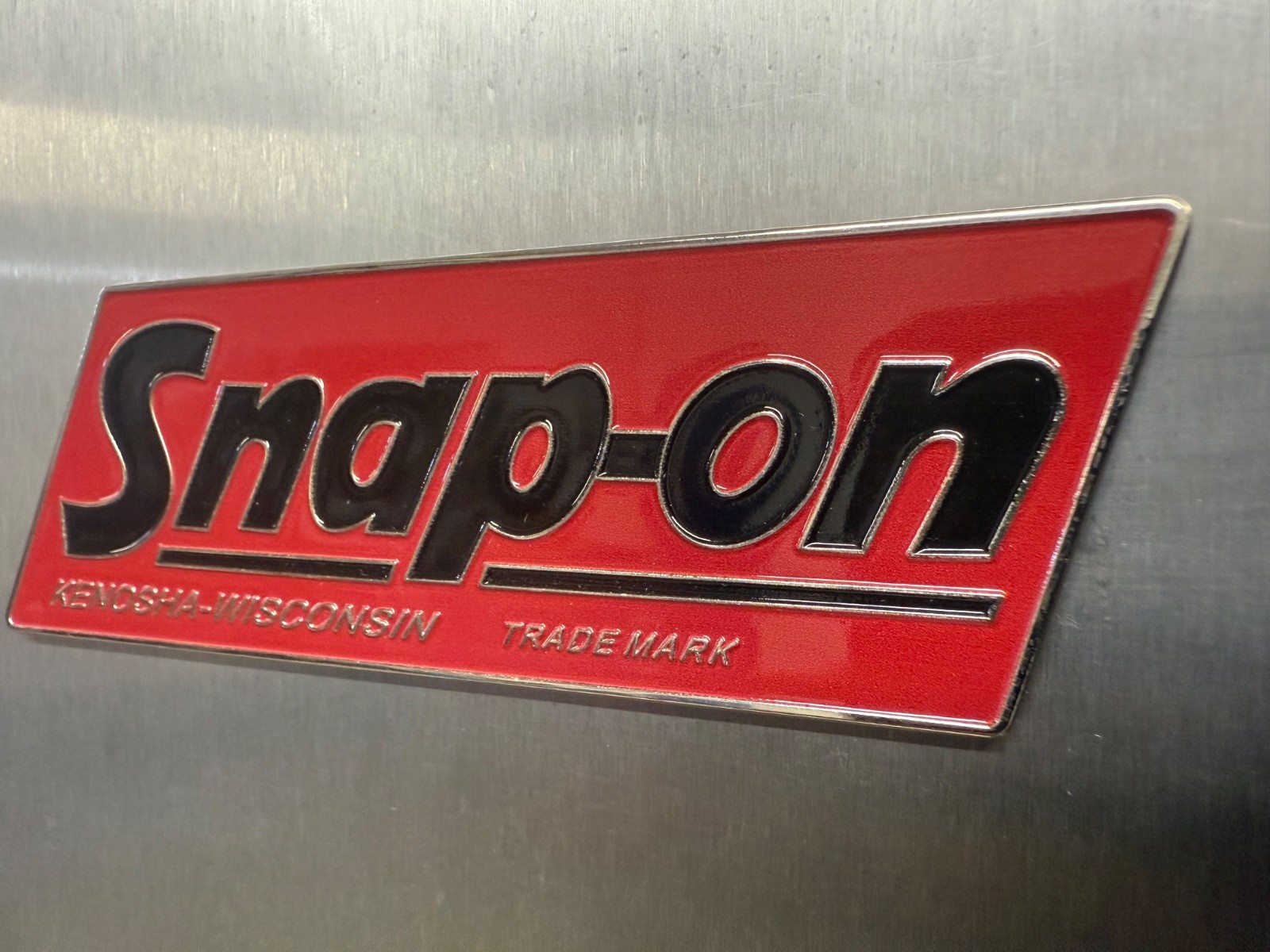 SNAP-ON Tools logo emblem VINTAGE Nameplate 1.5mm thick steel 5” x 2”.Rare.