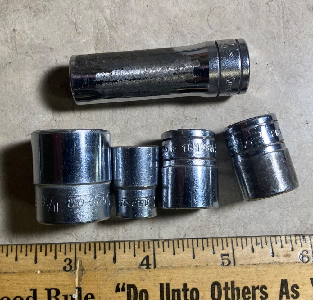 From estate-(5) Snap-on 3/8 drive sockets-11/16″, 1/2″(2), 7/16″, & 7/16″ deep