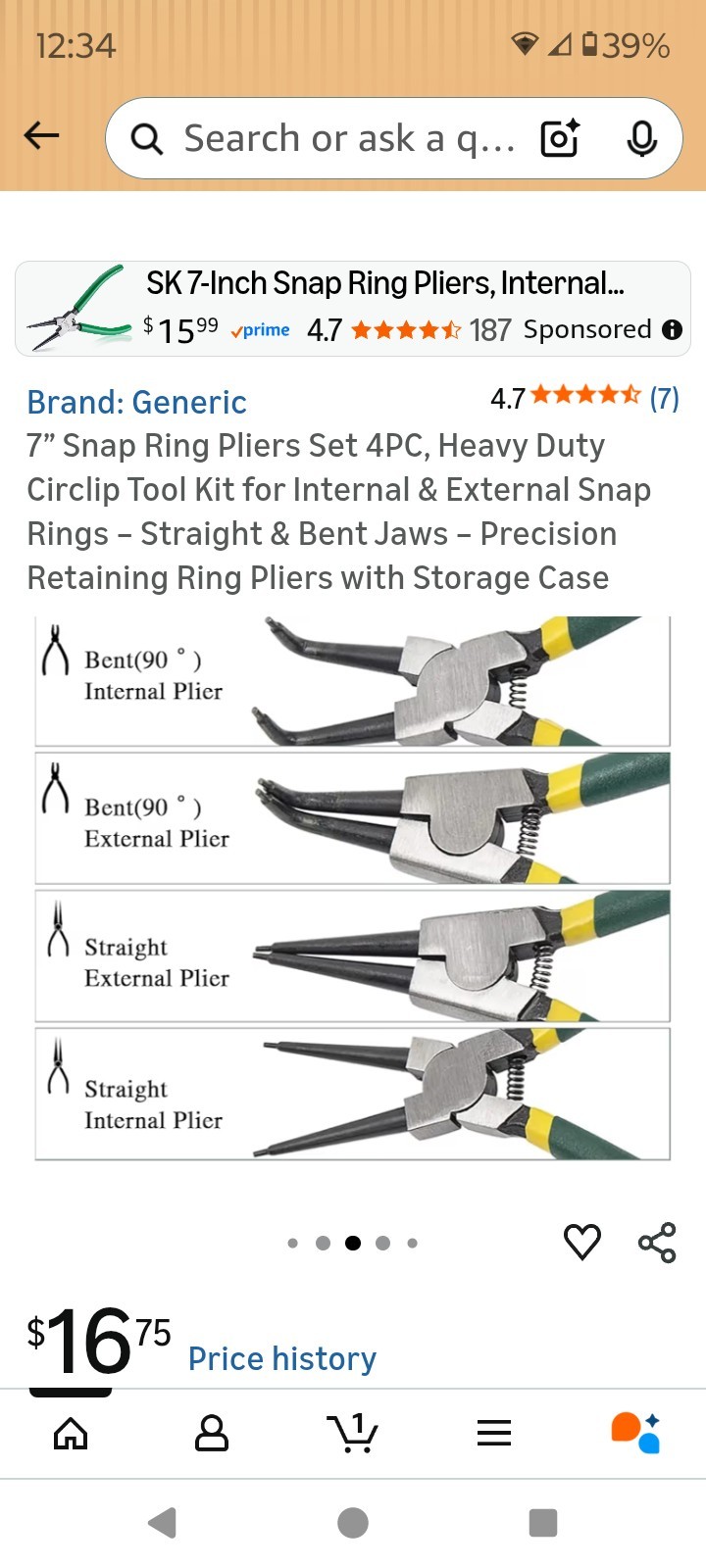 4Pcs 7″ Internal/External Snap Ring Pliers Set Heavy Duty Circlip Pliers Kit