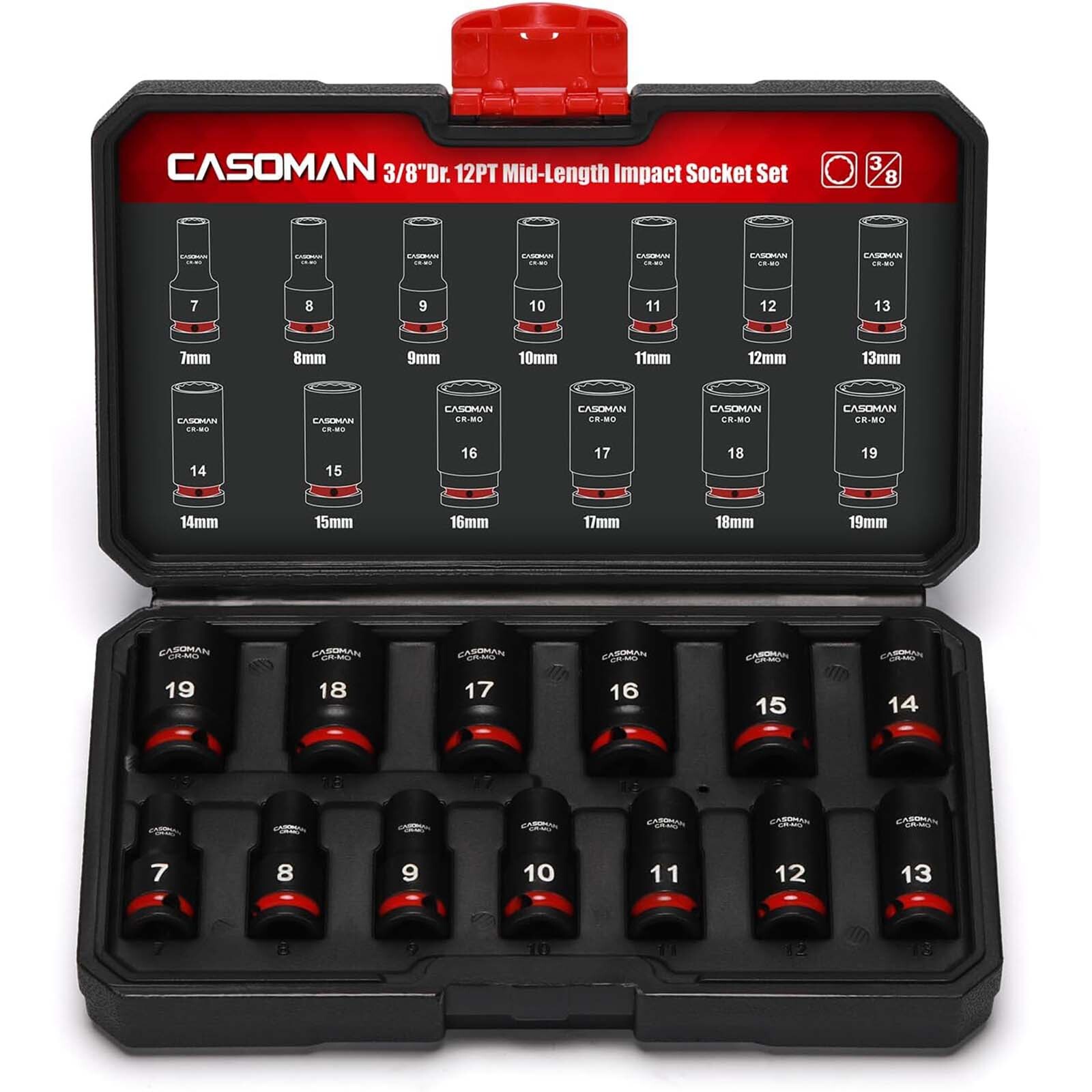 13 PCS 3/8″ Drive Mid-Length Impact Socket Set 12-Point Metric 7mm-19mm CR-MO