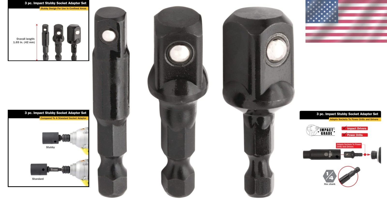 Professional Stubby Impact Socket Adapter Set – 1/4, 3/8, & 1/2-Inch Drives