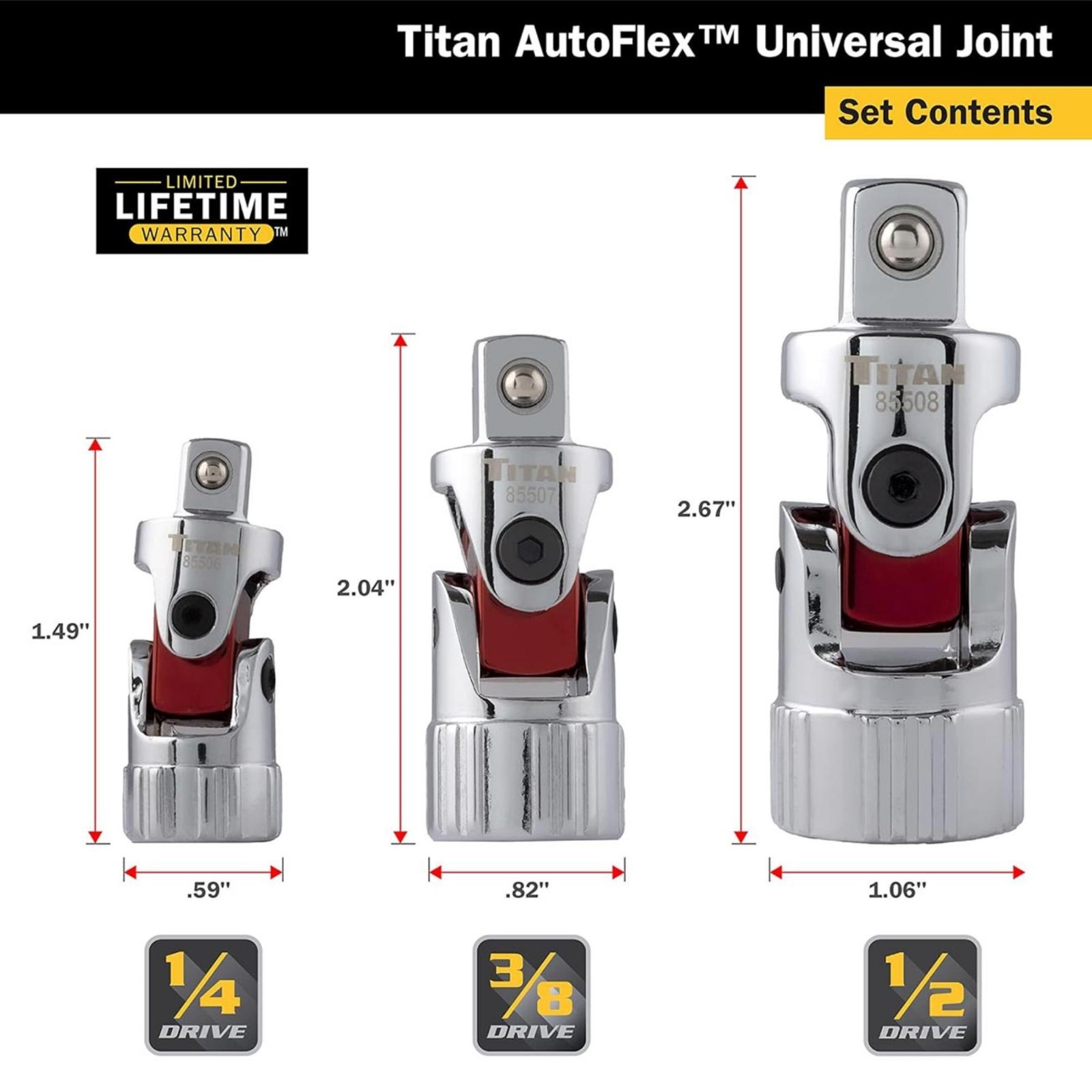Titan 85505 3pc Spring Loaded Universal Joint Standard Socket Set