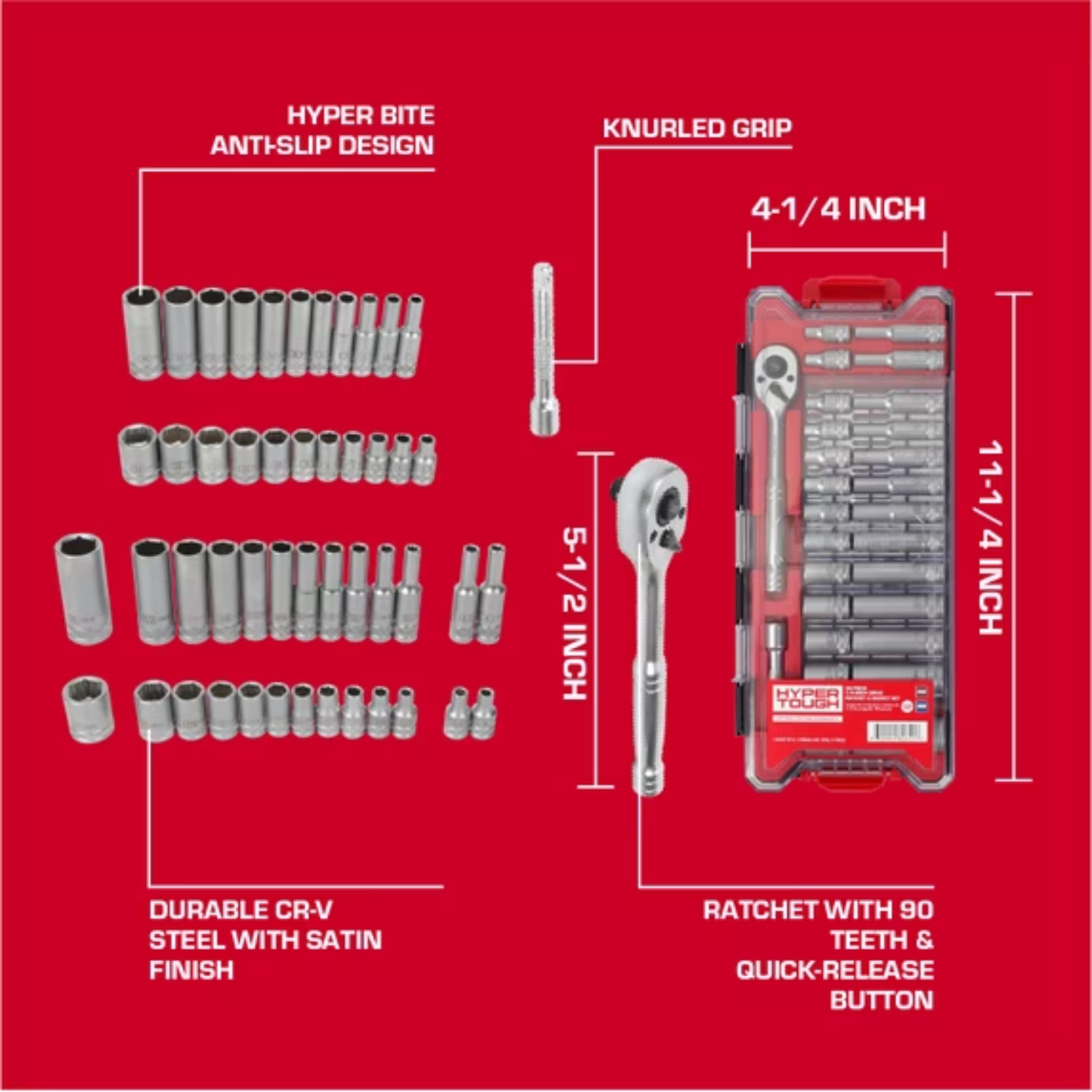 Hyper Tough 1/4-Inch Drive Ratchet and Socket Set SAE and Metric 50 Pieces