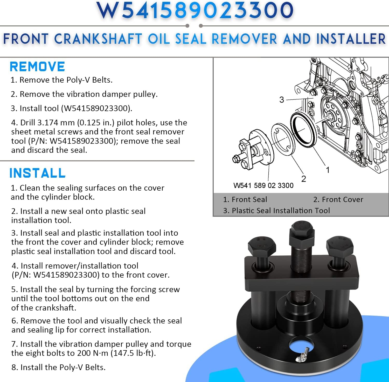 Front & Rear Crankshaft Seal Remover/Installer Tool for Detroit Diesel DD13 DD15