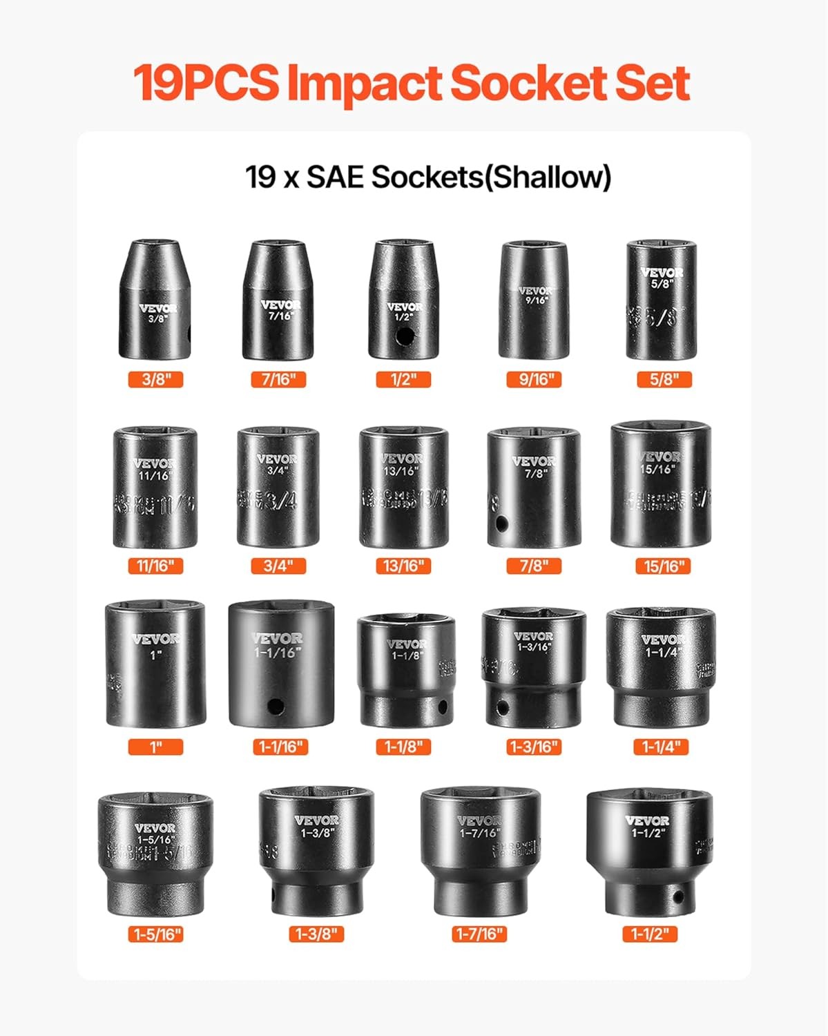 19 Piece 6-point Hex Sockets Standard SAE 3/8 Inches to 1-1/2 Inches