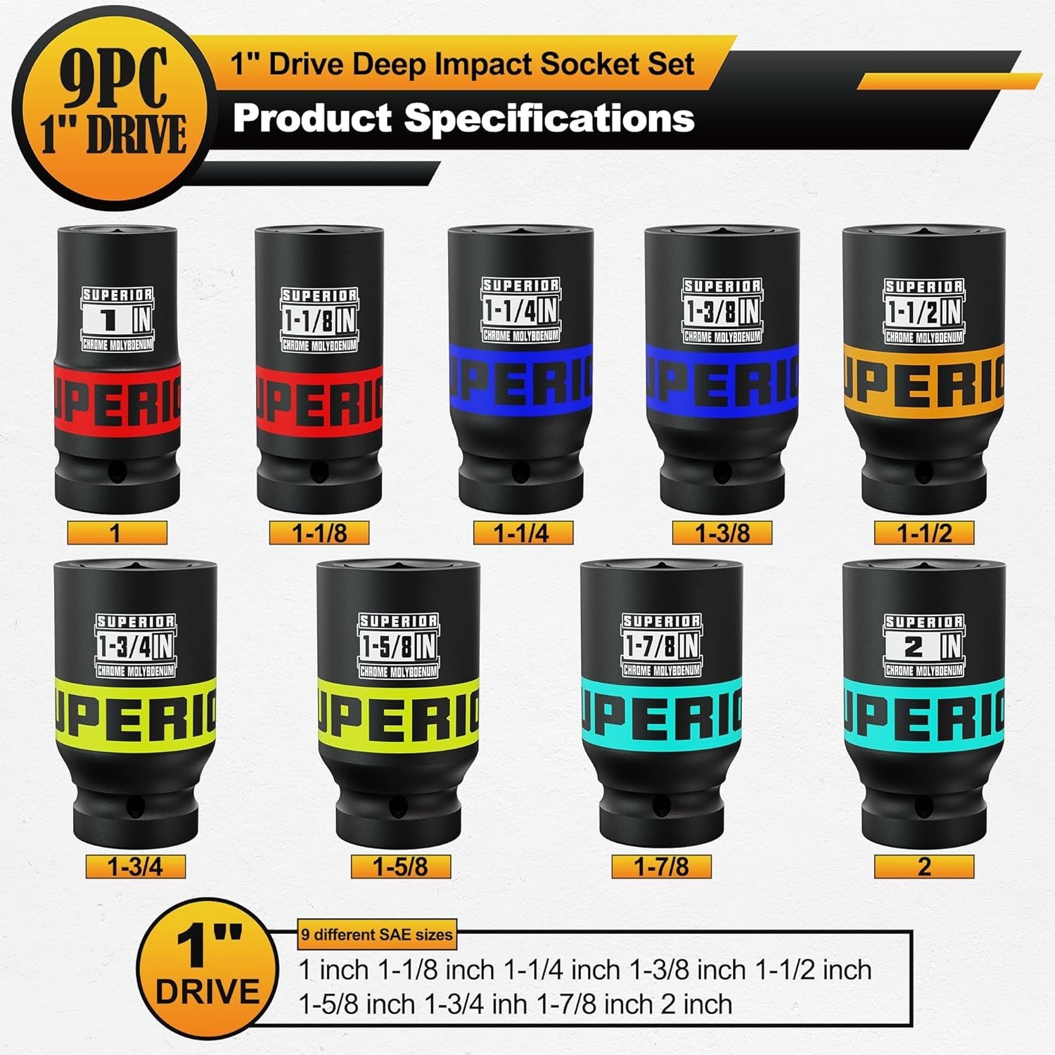 9 Piece 1″ Drive Deep Impact Socket Set, 1 Inch – 2 Inch, SAE, 6-Point Design…