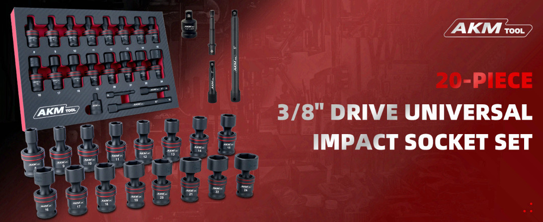 3/8″ Universal Impact Socket Set 20PCS 8-24mm Cr-Mo Swivel Kit