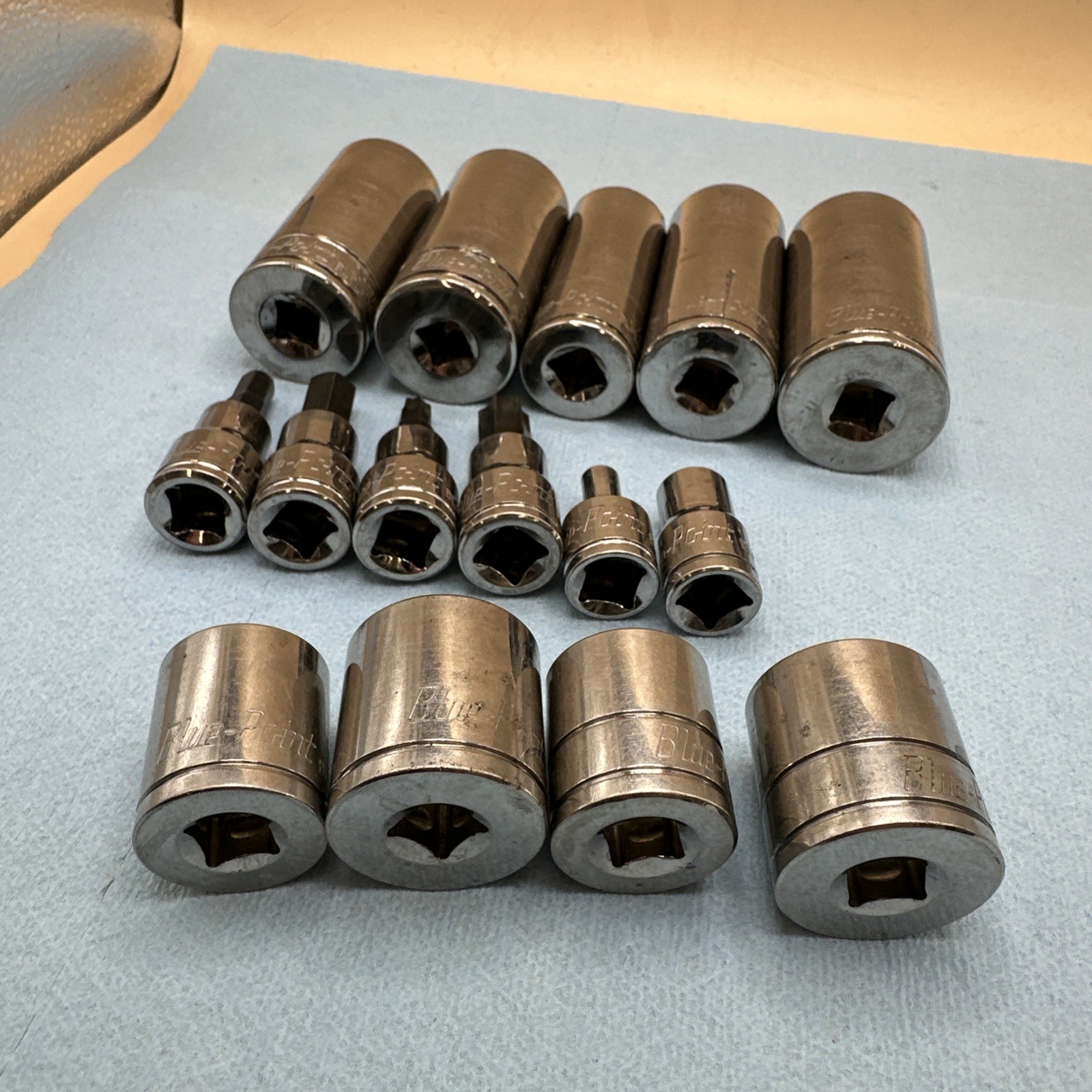 15 Pc Blue Point Sockets Lot In Decent Shape Mixed Sizes All 3/8” Drive