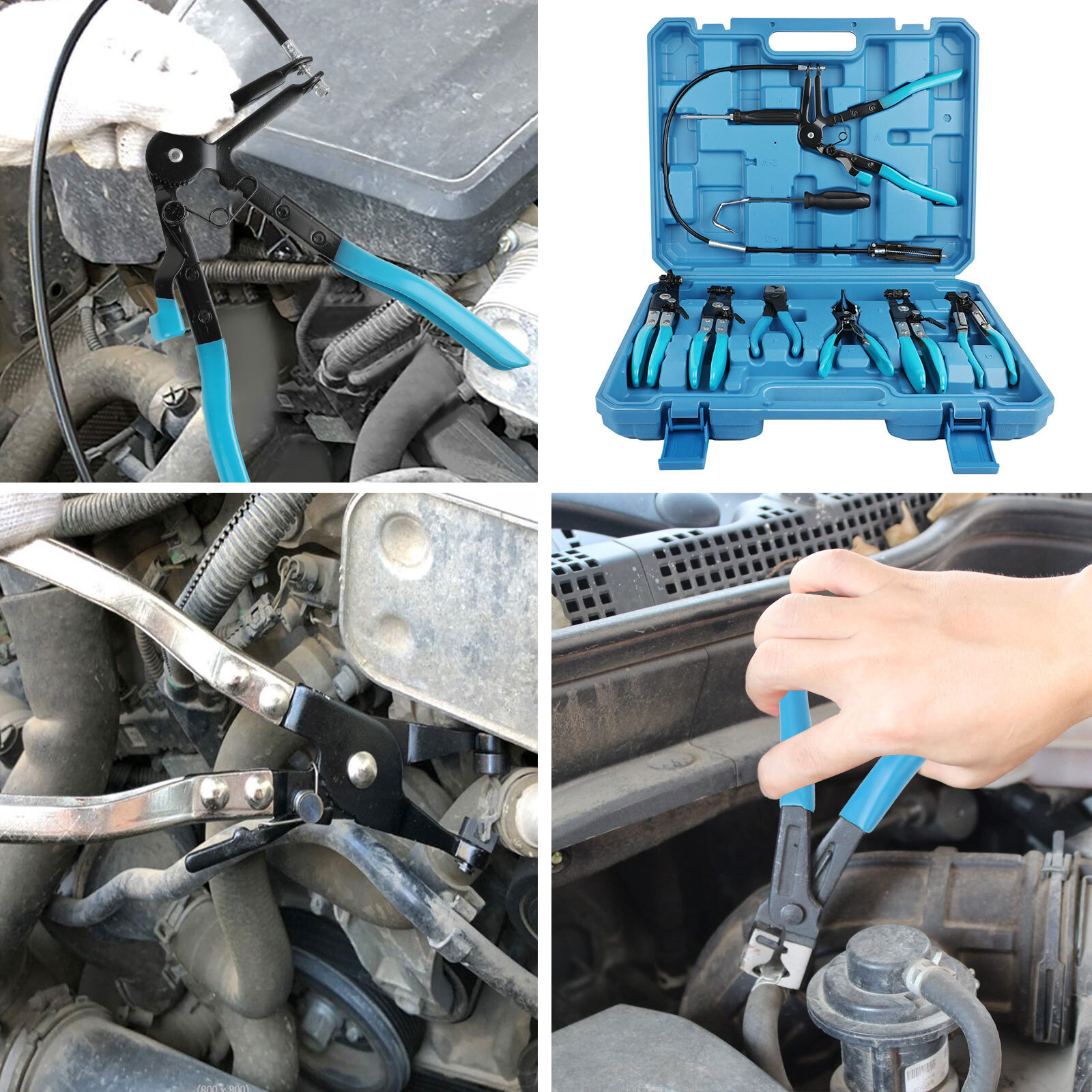 Flexible Automotive Hose Clamp Clip Plier Tool Set Swivel Jaw Flat Angled Band