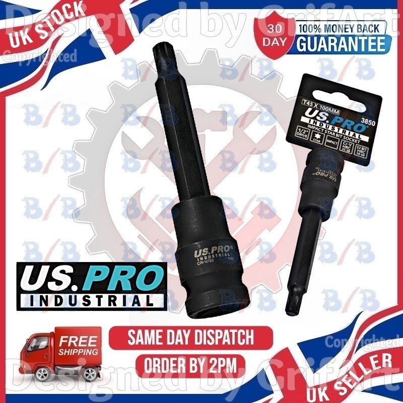 US PRO INDUSTRIAL T45 IMPACT TORX STAR BIT RATCHET SOCKET 100MM 1/2″ INCH DRIVE