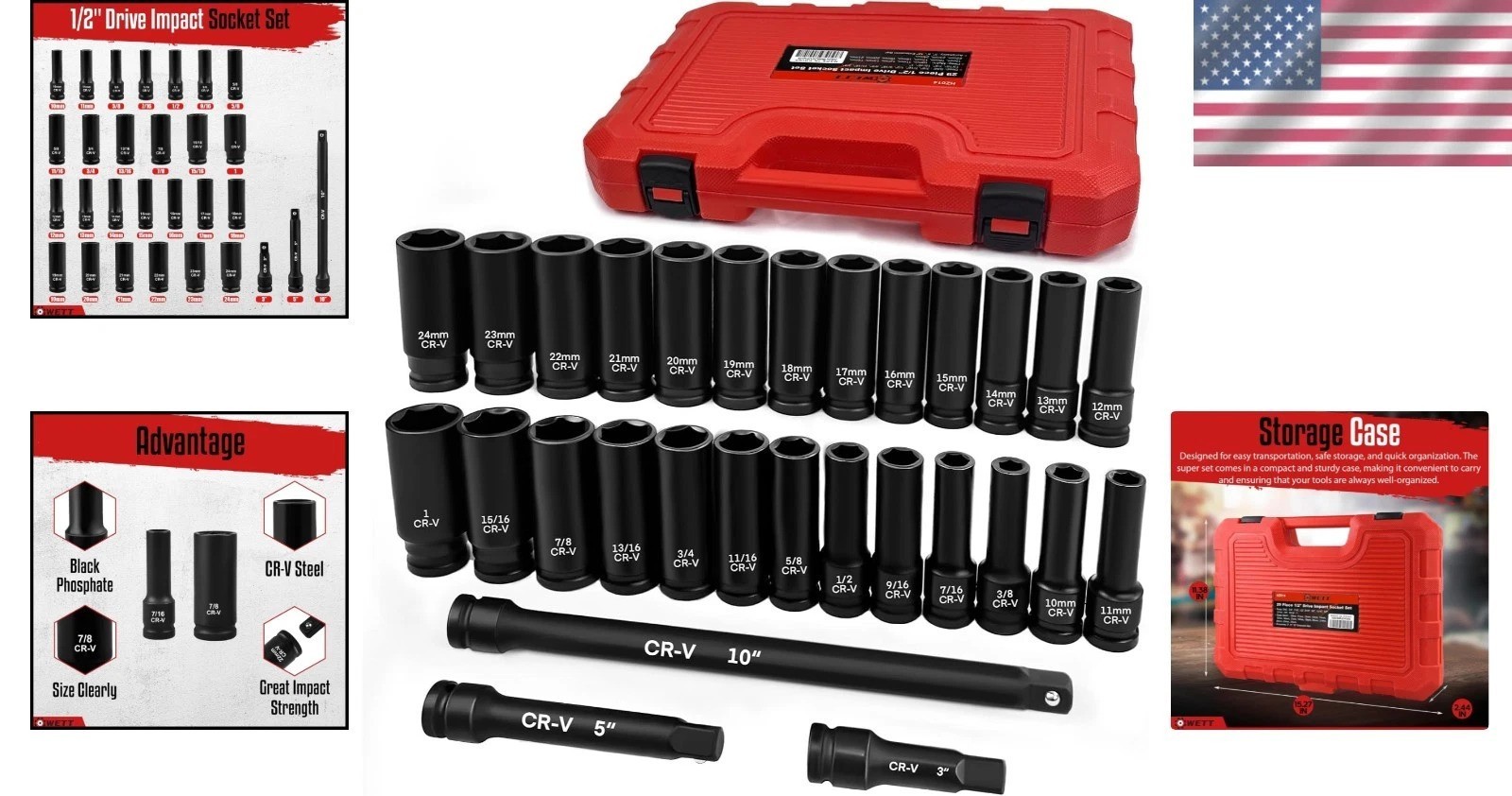 29-Piece Chrome Vanadium Impact Socket Set with 3 Extension Bars – SAE & Metric