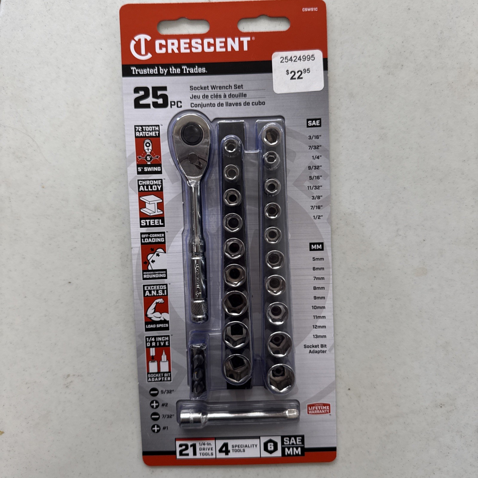 Crescent CSWS1C 25-Pc. 1/4″-Drive 6-Point SAE/Metric Mechanics Tool Set NIB!!