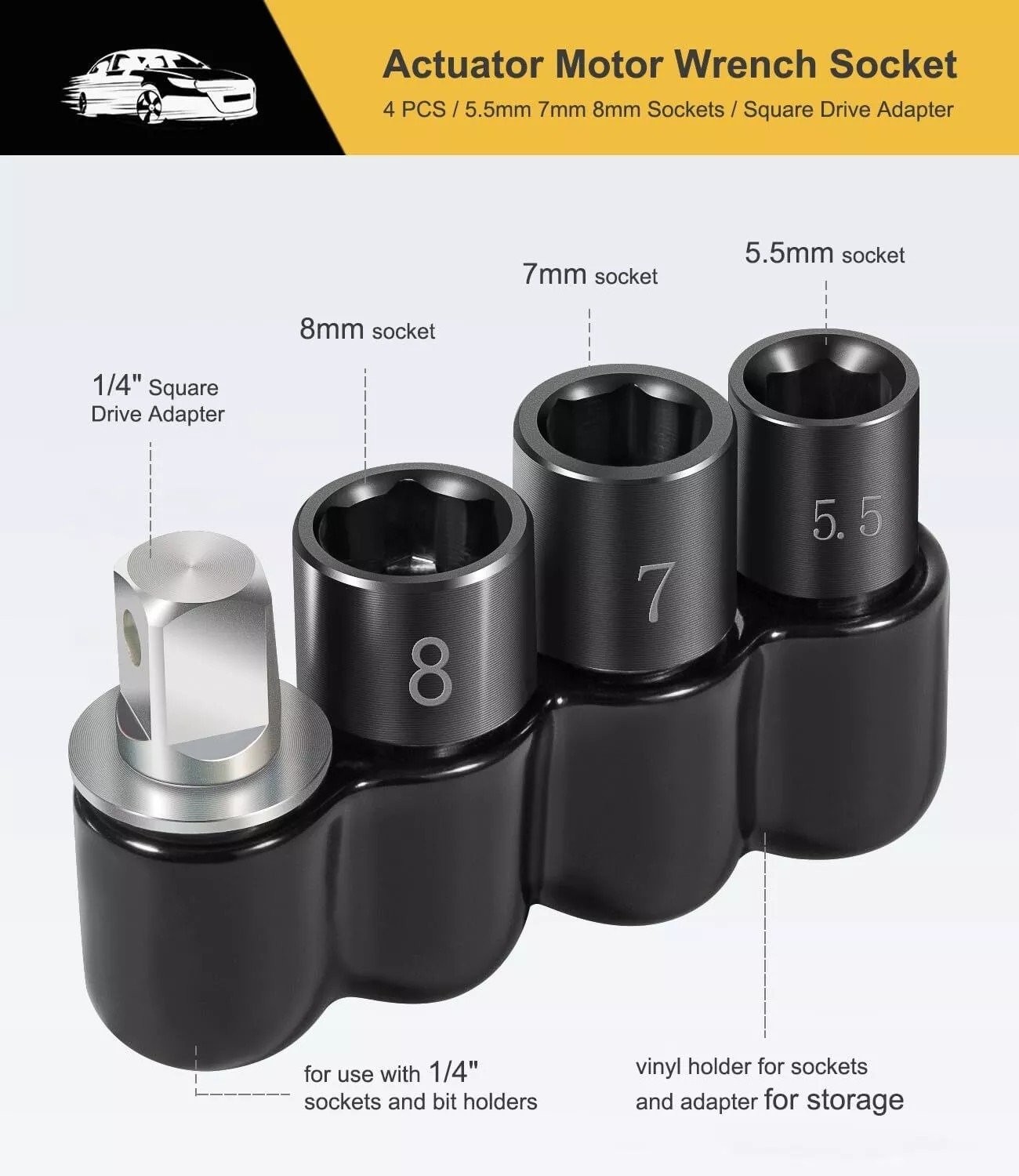 64180 Actuator Motor Tool Set 5.5mm 7mm 8mm Socket and 1/4″ Square Drive Adapter
