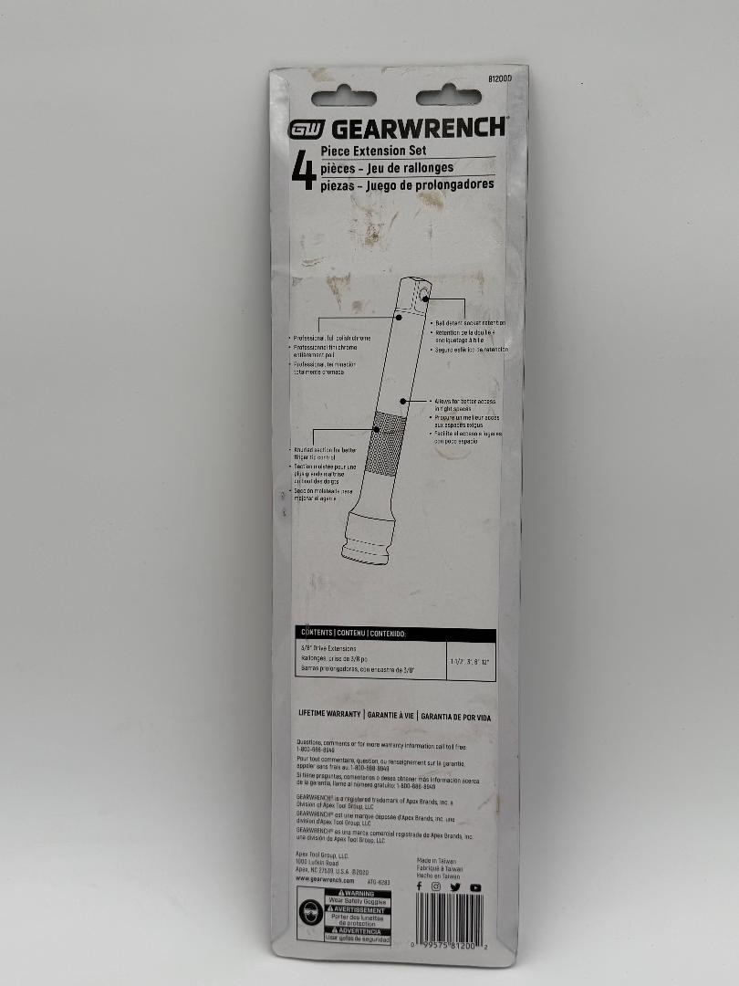 GearWrench Tools,Part#81200,4 pc. Extension Set(1-1/2″, 3″, 6″ & 12″),3/8″ Drive