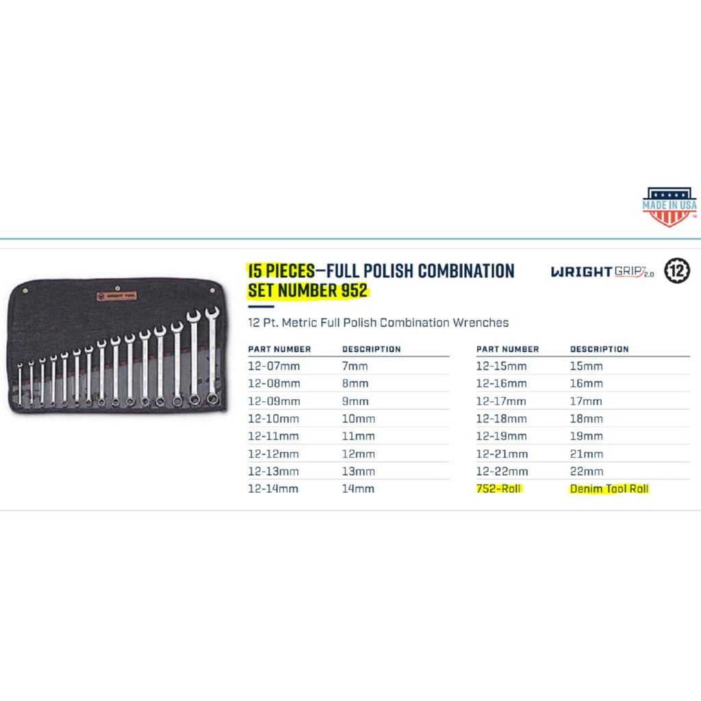 Wright Tool 952 Full Polish Metric 12 Pt Comb Wrench Set, 7mm-22mm, 15 Pcs