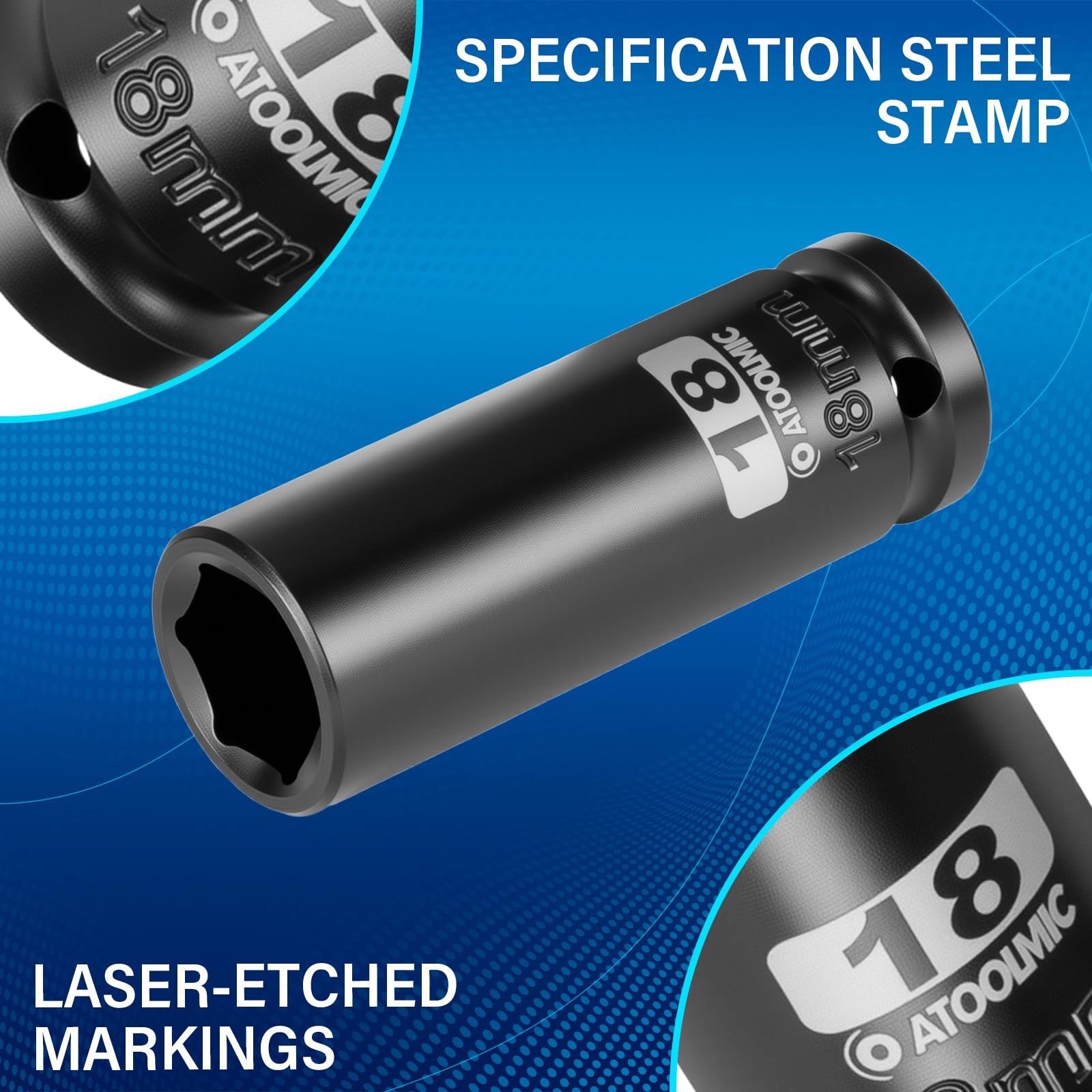 1/2 Inch Drive x 18mm Deep 6PT CR-MO Impact Socket for 18mm, ‎black Oxide