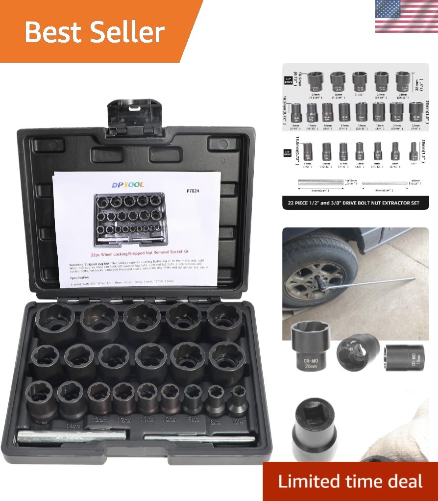 22 Pc Bolt Nut Extractor Set Impact Lug Nut Remover Socket Tool for Damaged Nuts