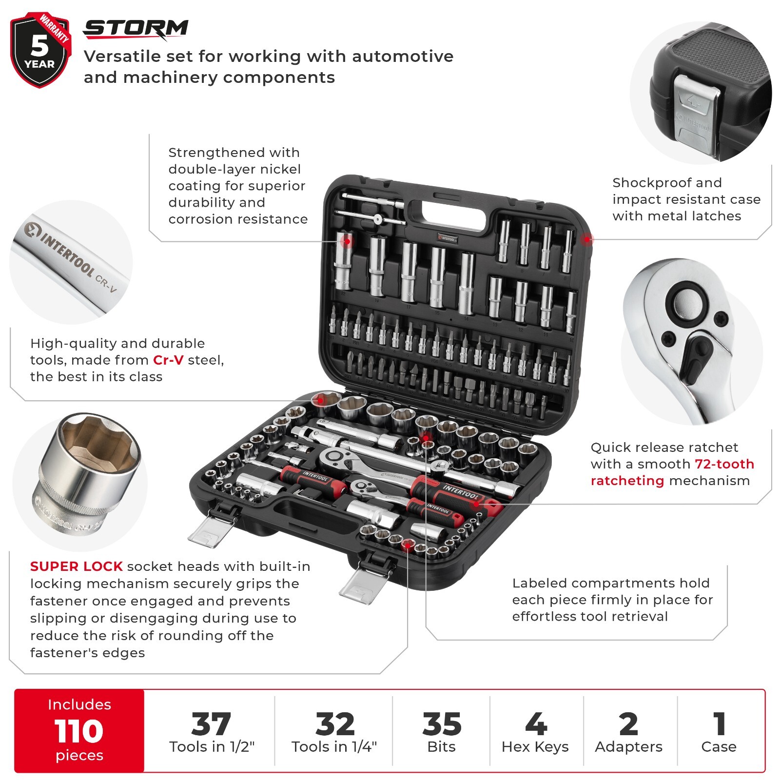 INTERTOOL 110pc Ratchet Socket Wrench and Bit Set ET08-8110