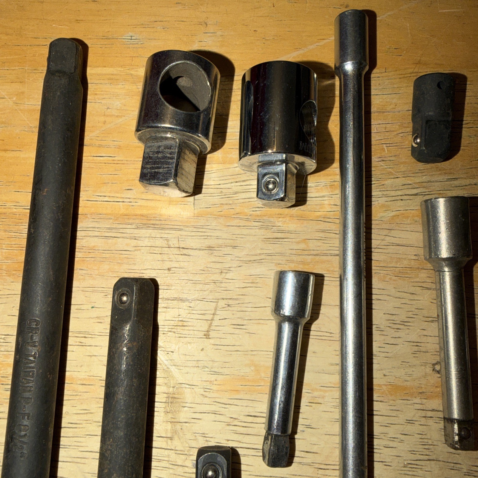 14 Pieces: Extensions, Adapters, T Bar Without T Bar…. Used, Mostly 3/8”, 1/4”
