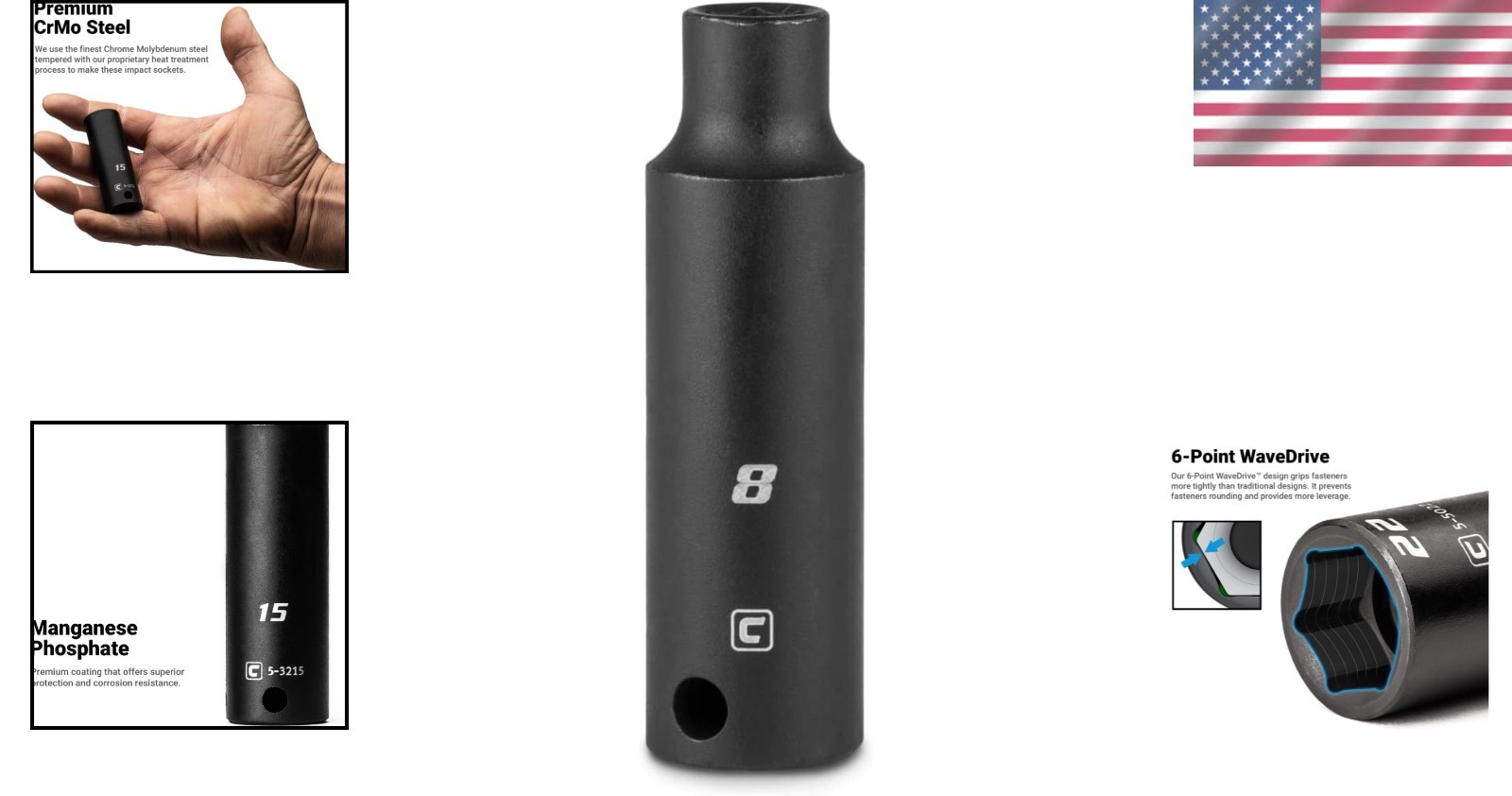 Professional 8 mm Deep Torque Socket, 3/8-Inch Drive, 6-Point WaveDrive Design