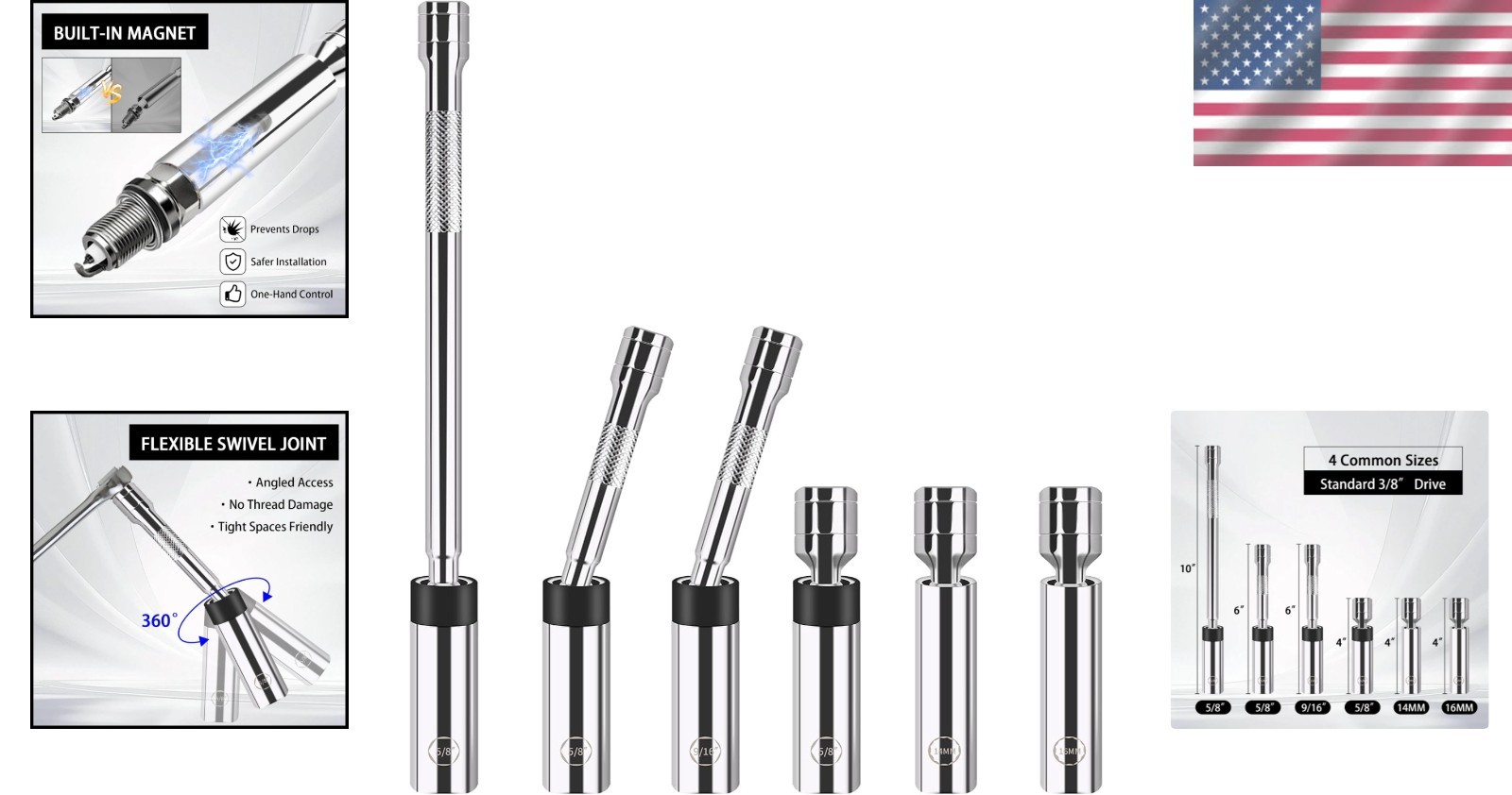 Professional 6-Piece Spark Plug Socket Set – 3/8-Inch Drive with Magnetic Grip