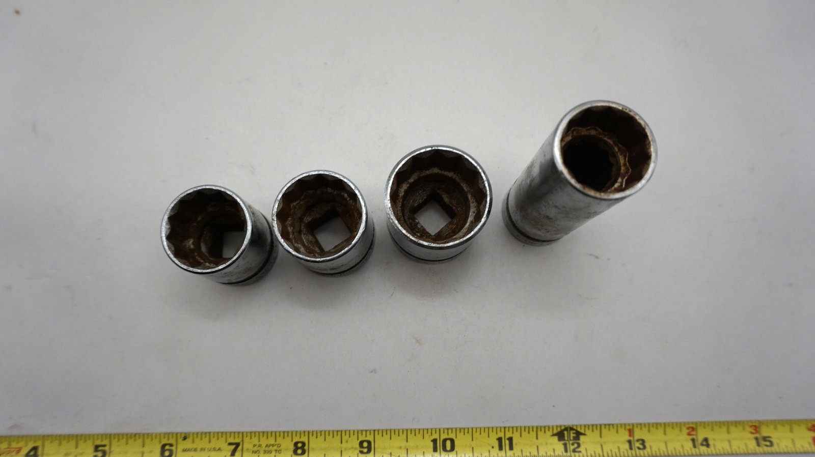 Vintage Industro Super 1/2 Inch Drive 1 1/8 , 1 , 15/16 & 7/8″ deep 4 sockets