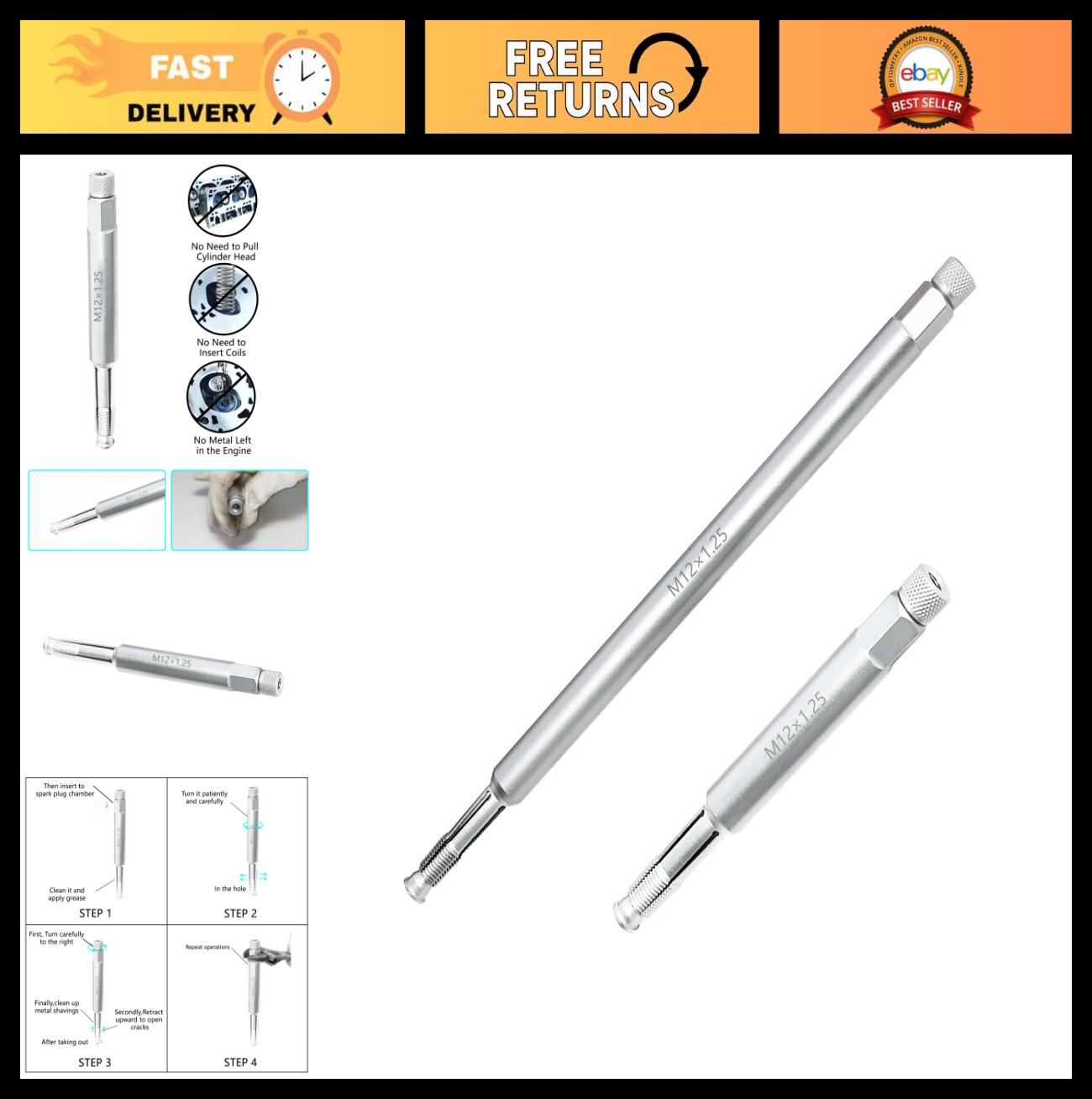 12mm Spark Plug Thread Repair Tool Kit – M12x1.25 Back Tap & Chase Taps, 2 Pack