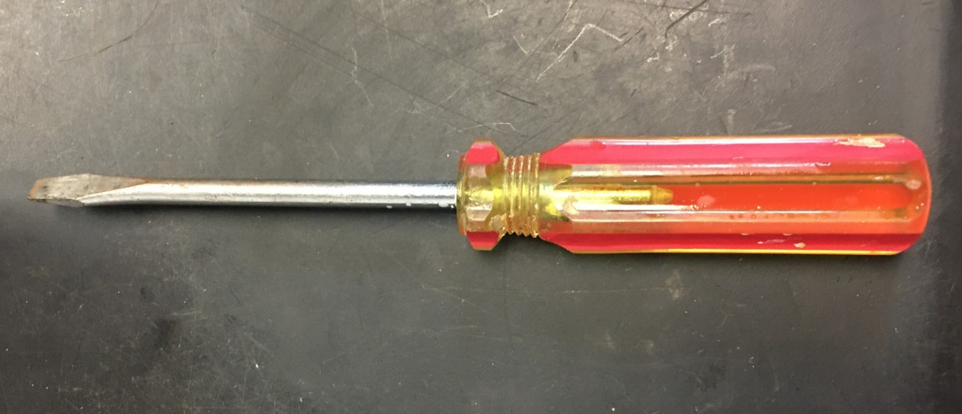 FLAT HEAD SCREW DRIVER, 6″ LONG, 1/4″ WORKING EDGE, AMBER RED PLASTIC HANDLE