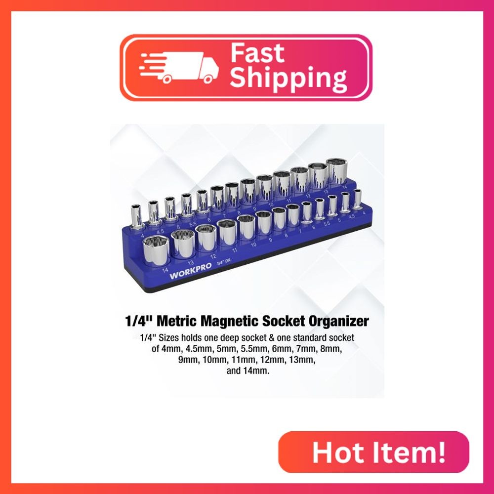WORKPRO Magnetic Socket Organizer, 1/4-Inch Metric Socket Holder, Tool Trays Hol