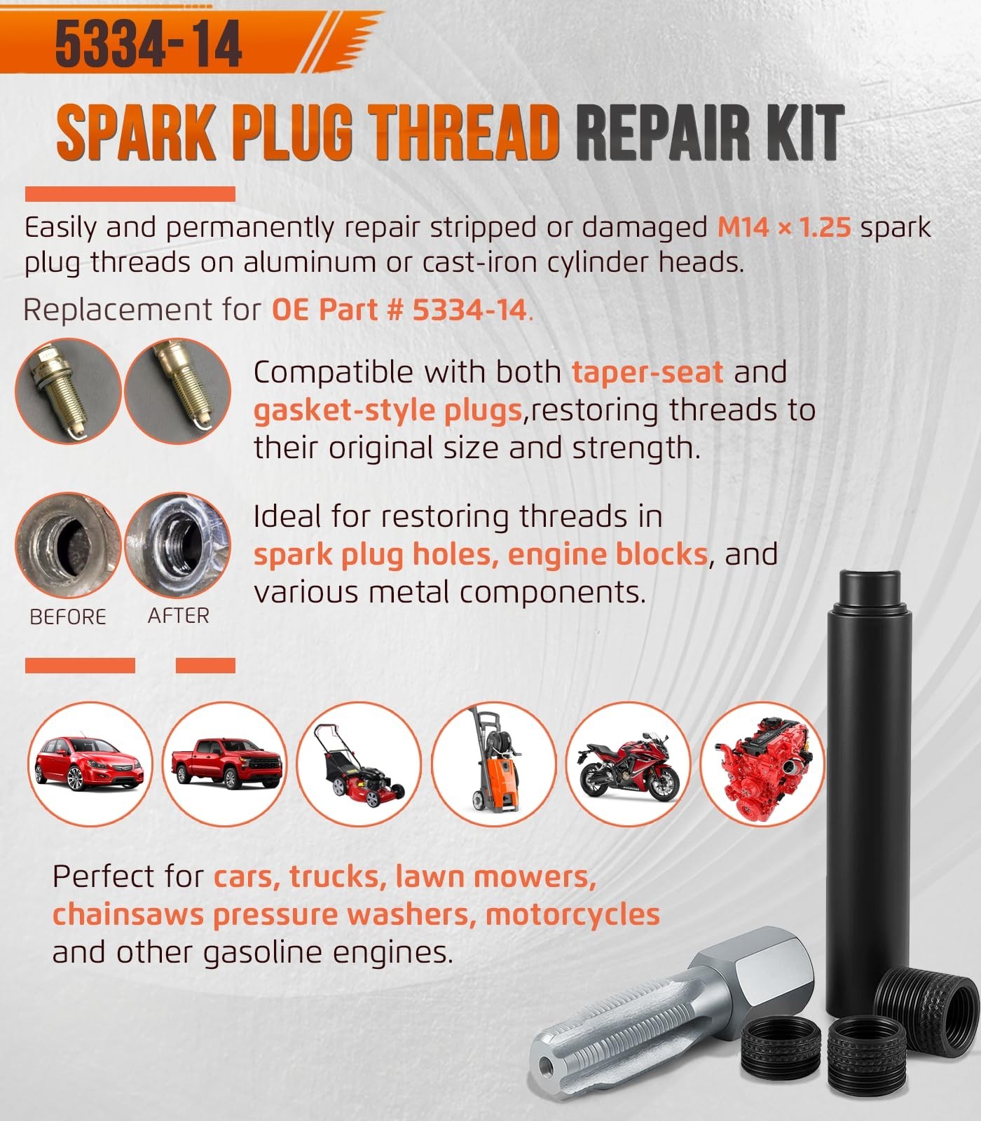 M14 x 1.25 Spark Plug Hole Thread Repair Kit – 14mm Reamer Tap, Insertion Tool &