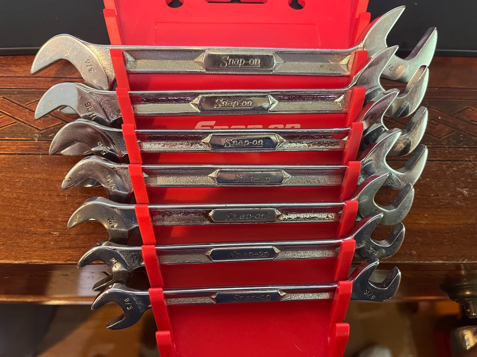 Vintage Snap-on 7pc SAE Angle Open End Wrench Set VS807 I Beam Style USA