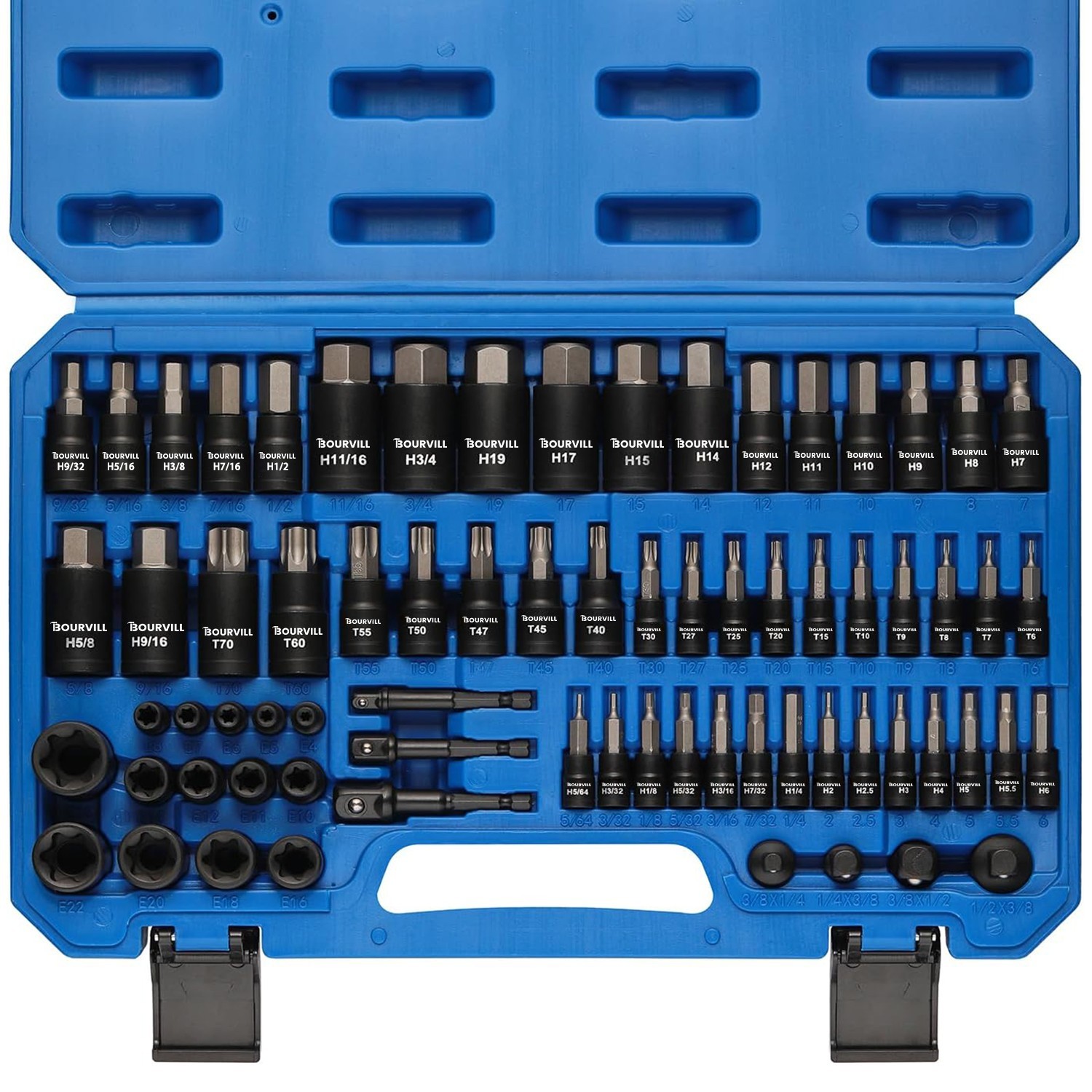 BOURVILL 71pcs Socket Set, 1/4″ 3/8″ 1/2″ Drive Metric SAE Sockets