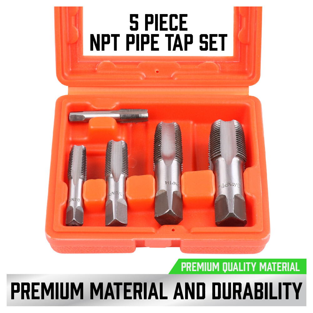 5 Piece 18 / 14 NPT Pipe Tap Set 1/8″ 1/4″ 3/8″ 1/2″ 3/4″ Carbon Steel With Case