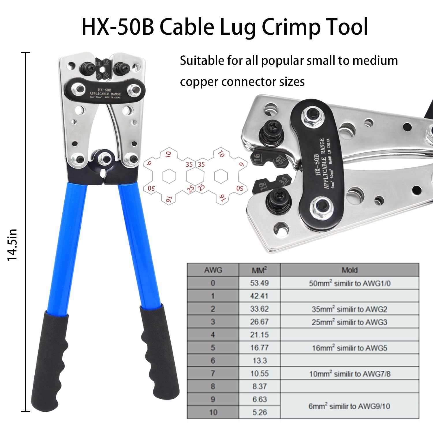 Cable Lug Crimping Tool with 50/100/200Pcs Copper Wire Lugs, Battery Blue