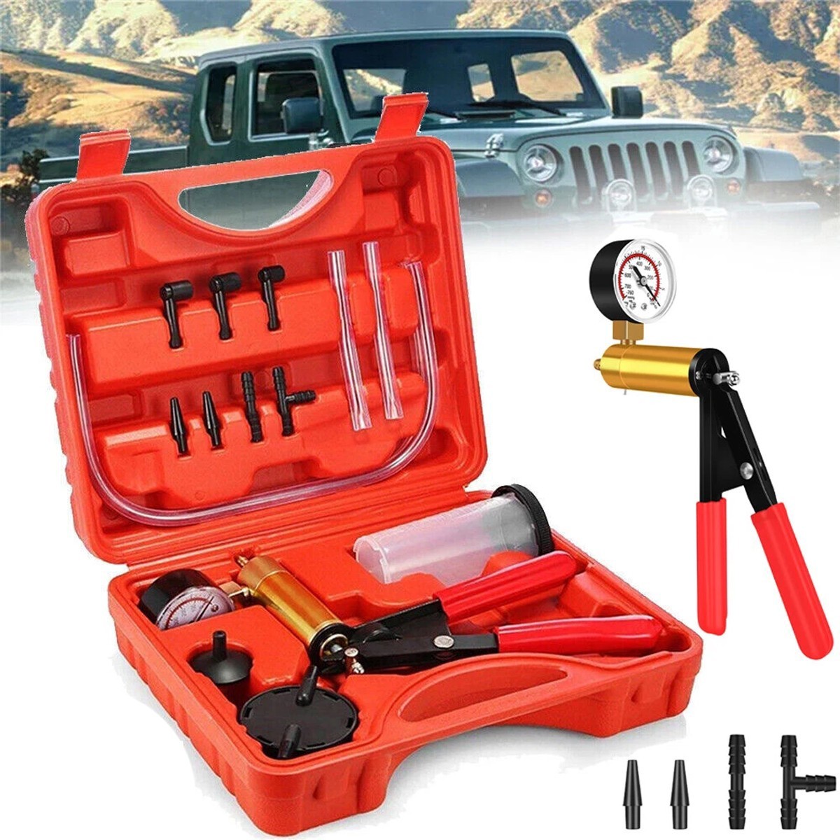 Manual Brake Bleeder Vacuum Pump Kit Automotive Fluid Tester with Gauge Adapters