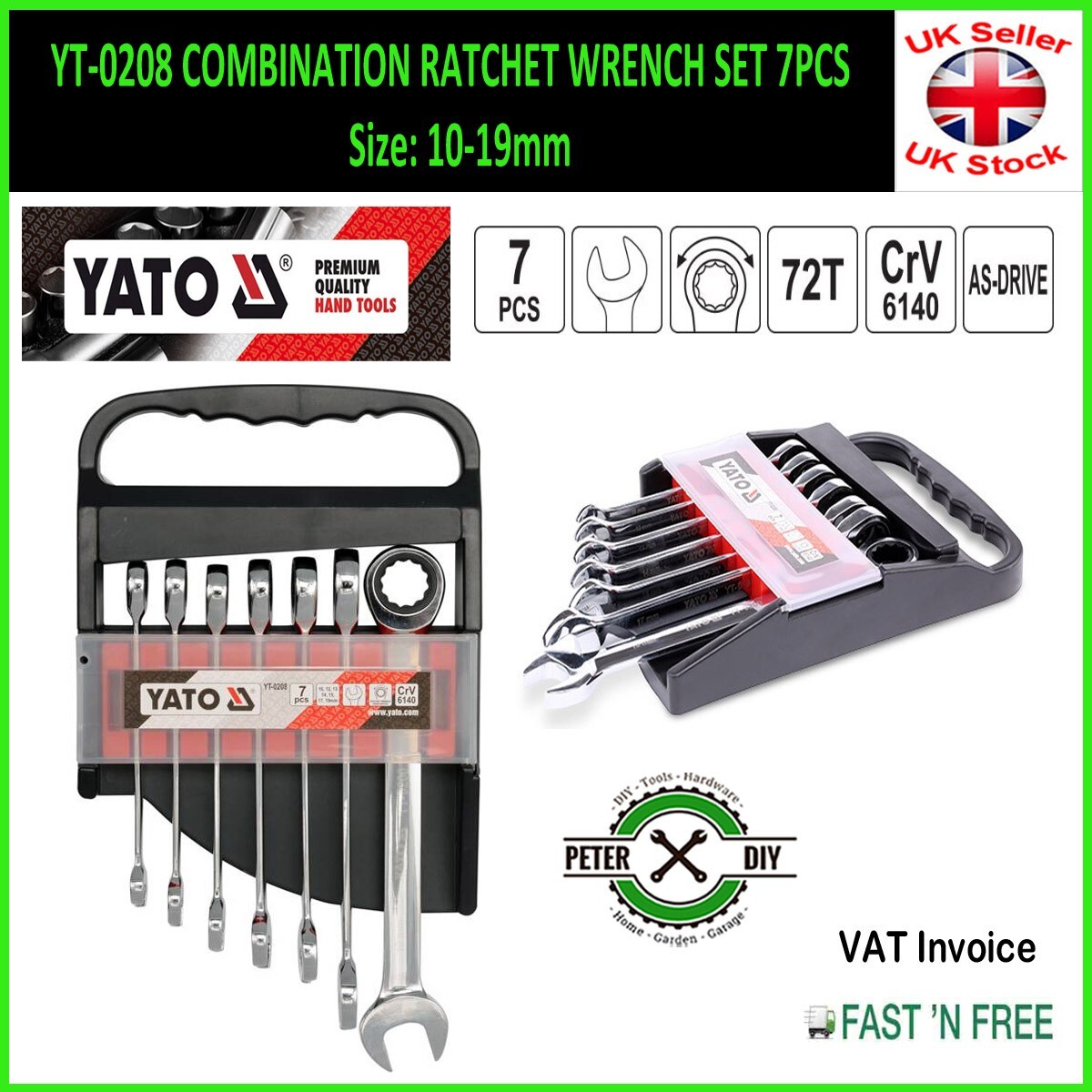 (Set of 7) COMBINATION RATCHET WRENCH Size: 10/12/13/14/15/17/19mm Yato YT-0208