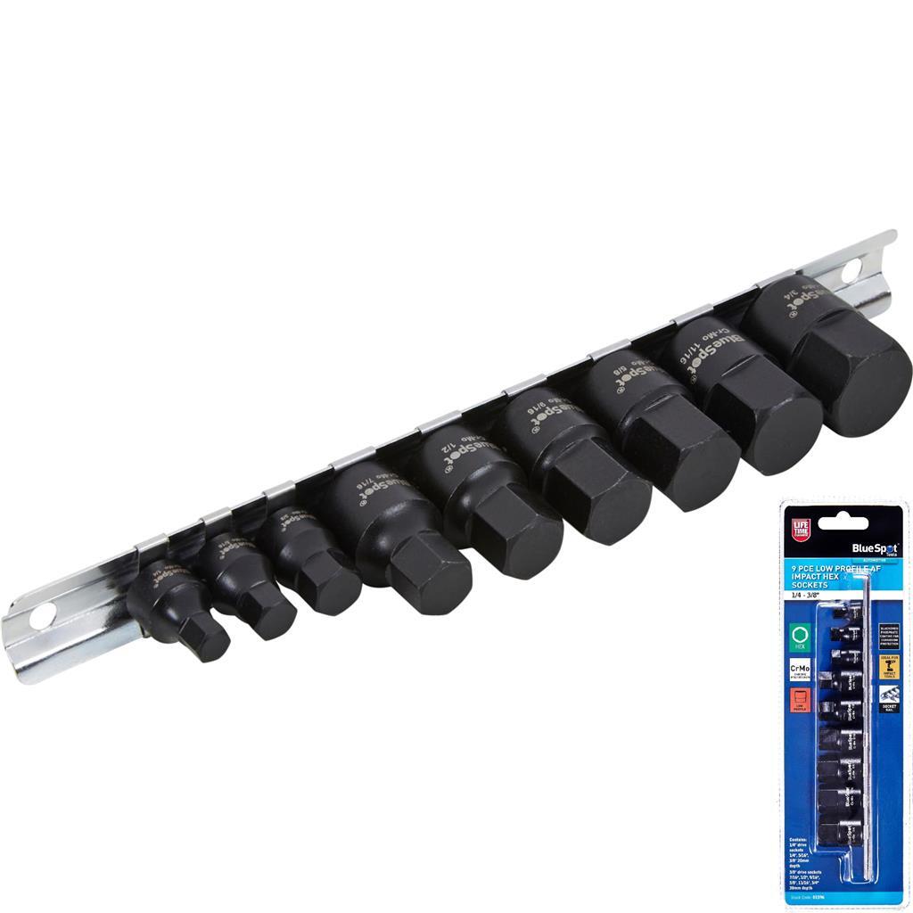 Blue Spot 9pc Low Profile AF Impact Hex Socket Set 1/4″ & 3/8″ Drive (1/4″–3/4″)