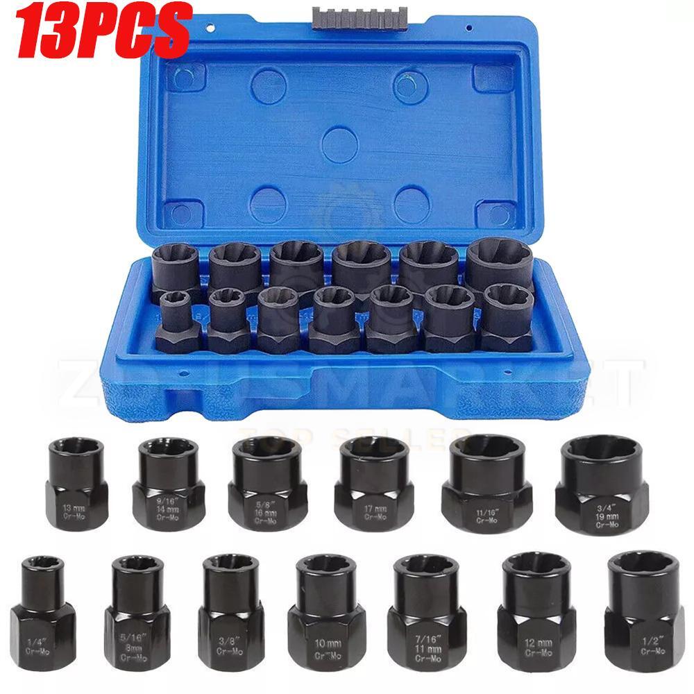 13pcs Bolt Extractor Damaged Lug Nut Remover Twist Socket Extractor Tool 8-19mm